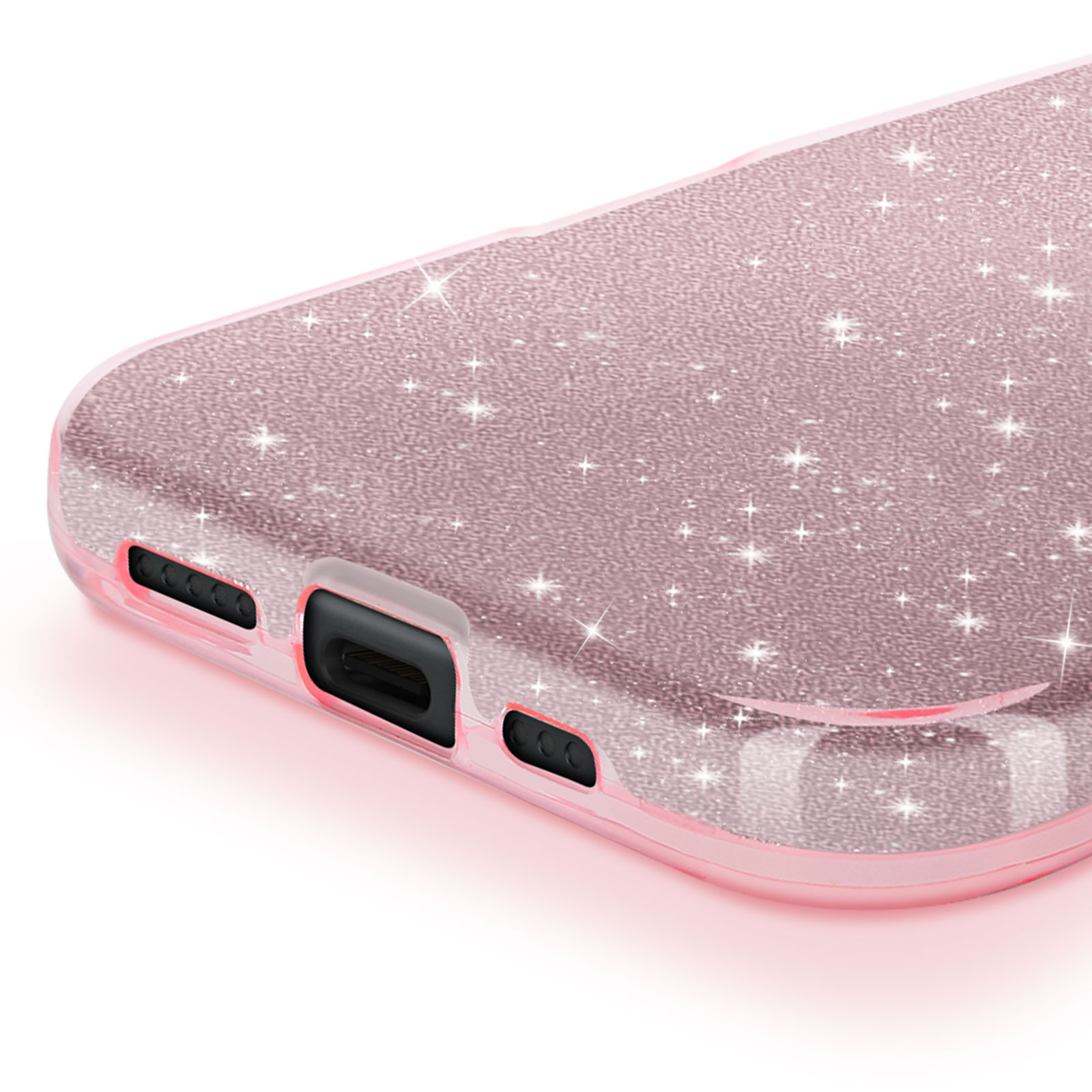 Nahaufnahme des Rands einer rosa glitzernden Handyhülle. Ladeanschluss, Knöpfe.