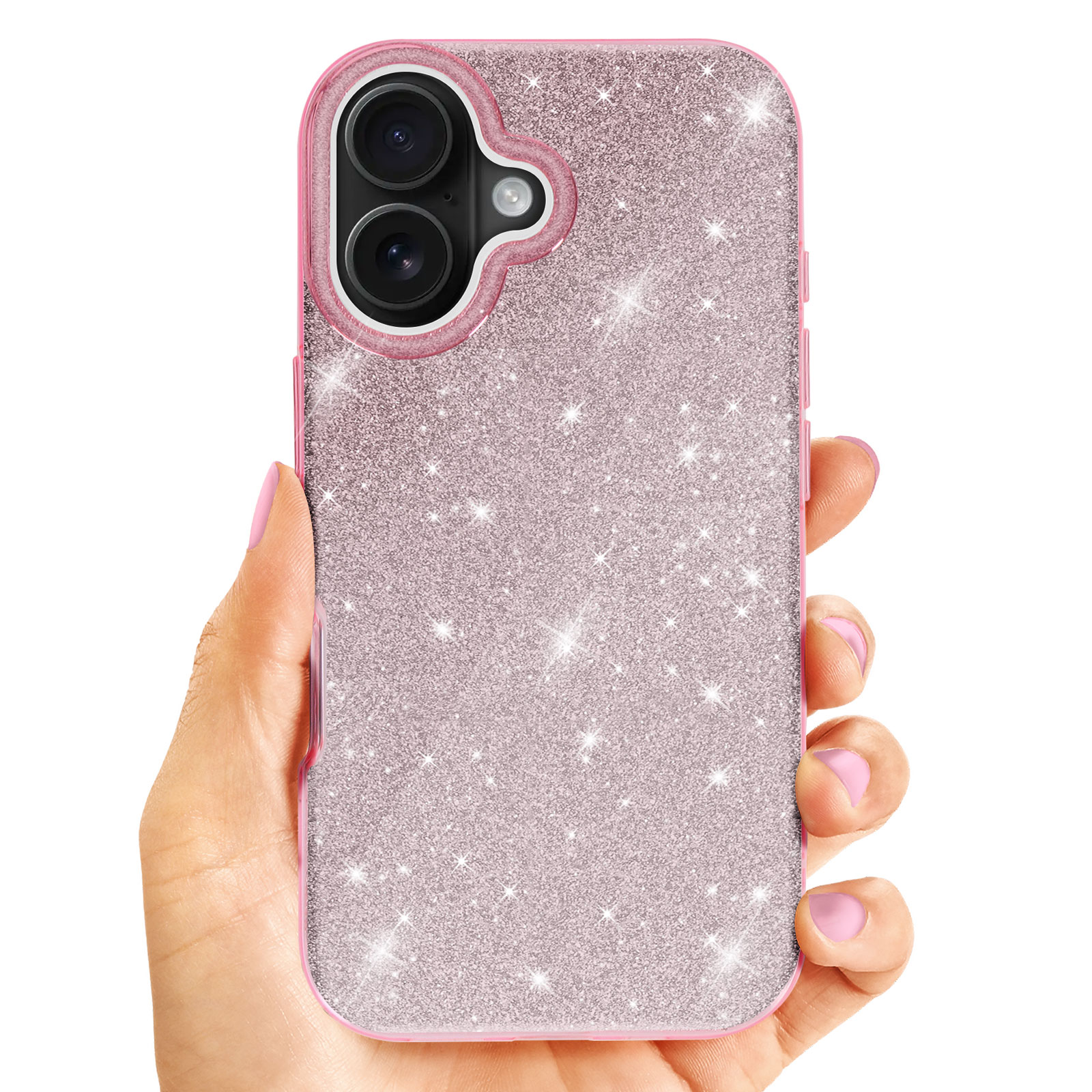 Hand hält rosa glitzernde Handyhülle. Zwei Kameras, rosa Rand.