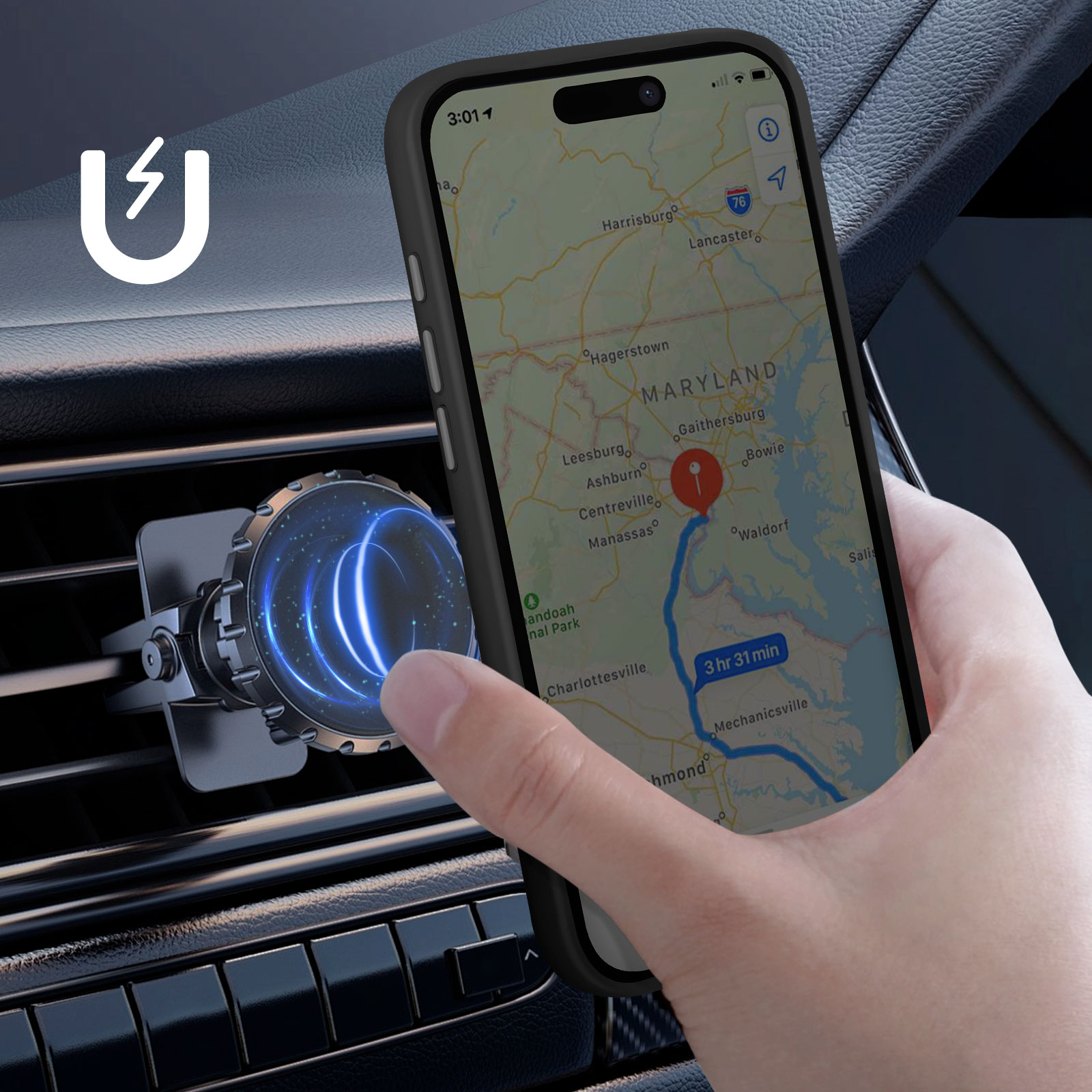 Telefono montato su una presa d'aria dell'auto con mappa visualizzata. Una mano regola la posizione del telefono.