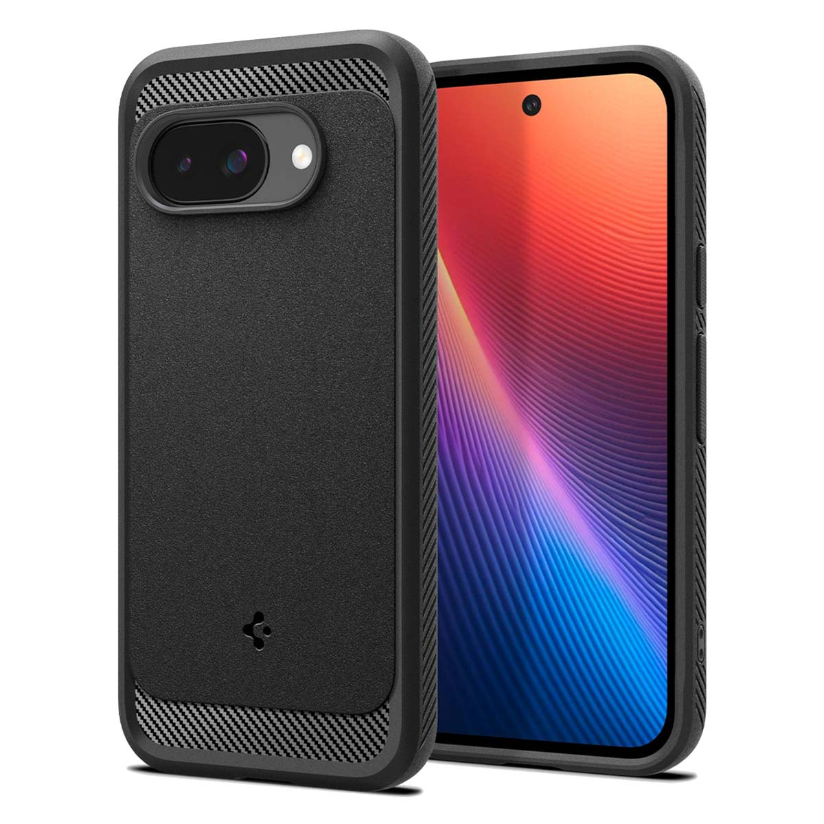 Custodia nera con retro strutturato e intaglio fotocamera, che mostra il design del telefono.