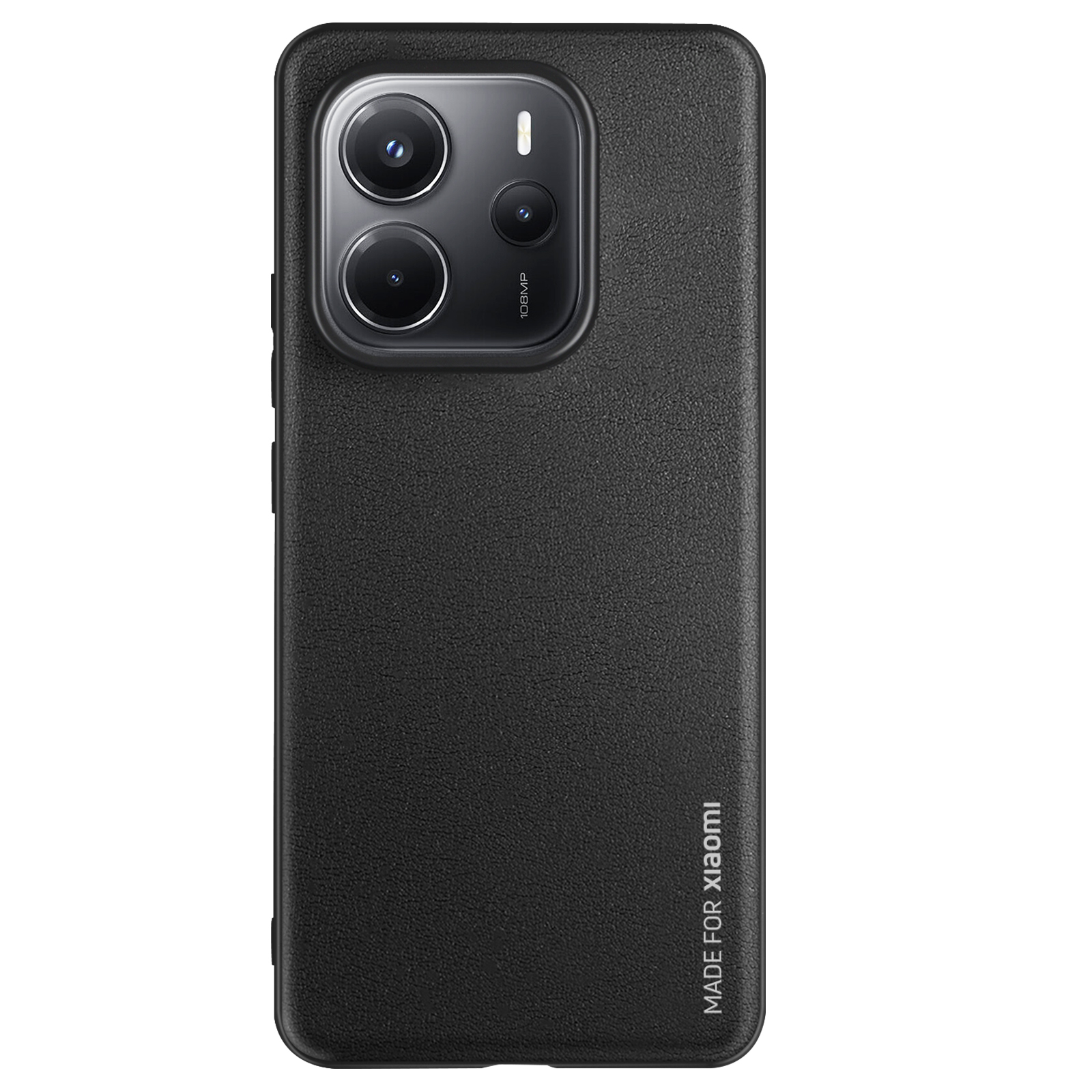 Funda negra con dos lentes, vista trasera, superficie negra, texto Made for Xiaomi.