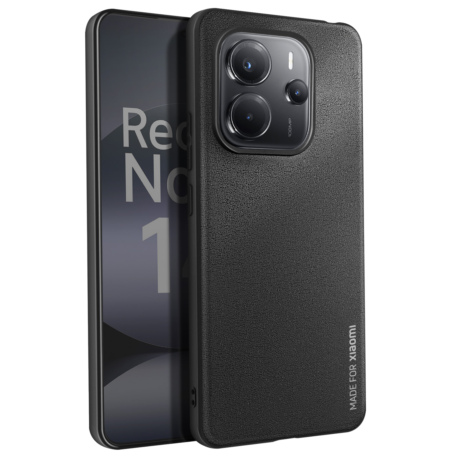 Teléfono negro en funda, vista trasera y lateral, texto 'Redmi Note 1', fondo blanco.