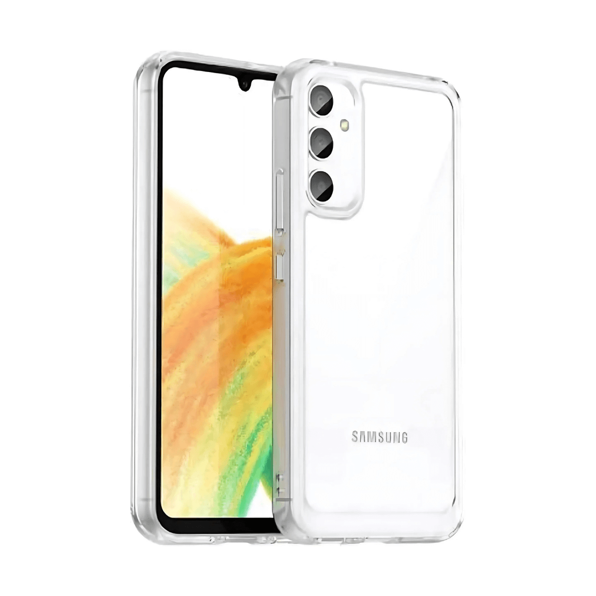 Custodia trasparente per telefono con un telefono all'interno. Il telefono ha tre fotocamere.