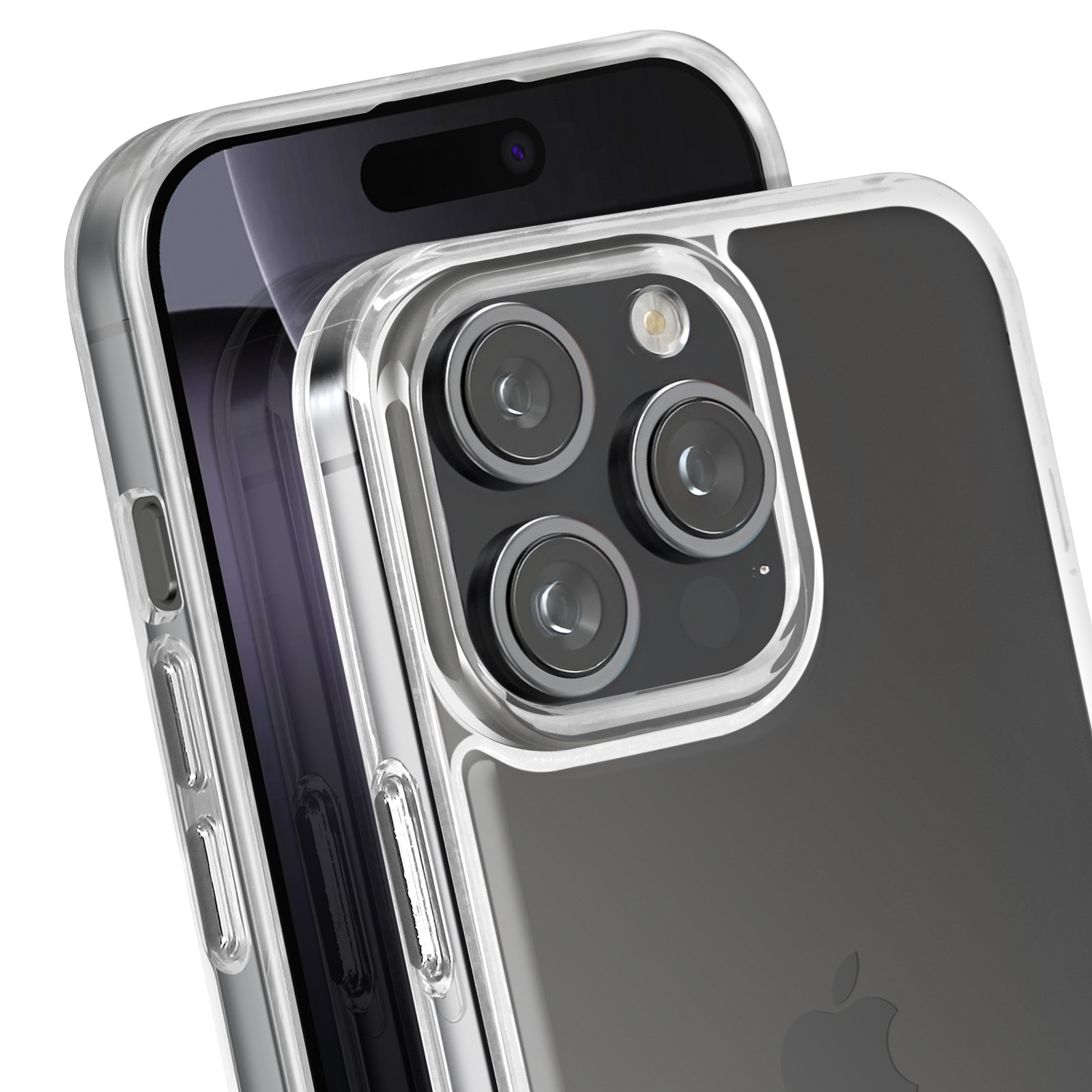 Custodia trasparente con ritagli per fotocamera, che mostra il telefono.