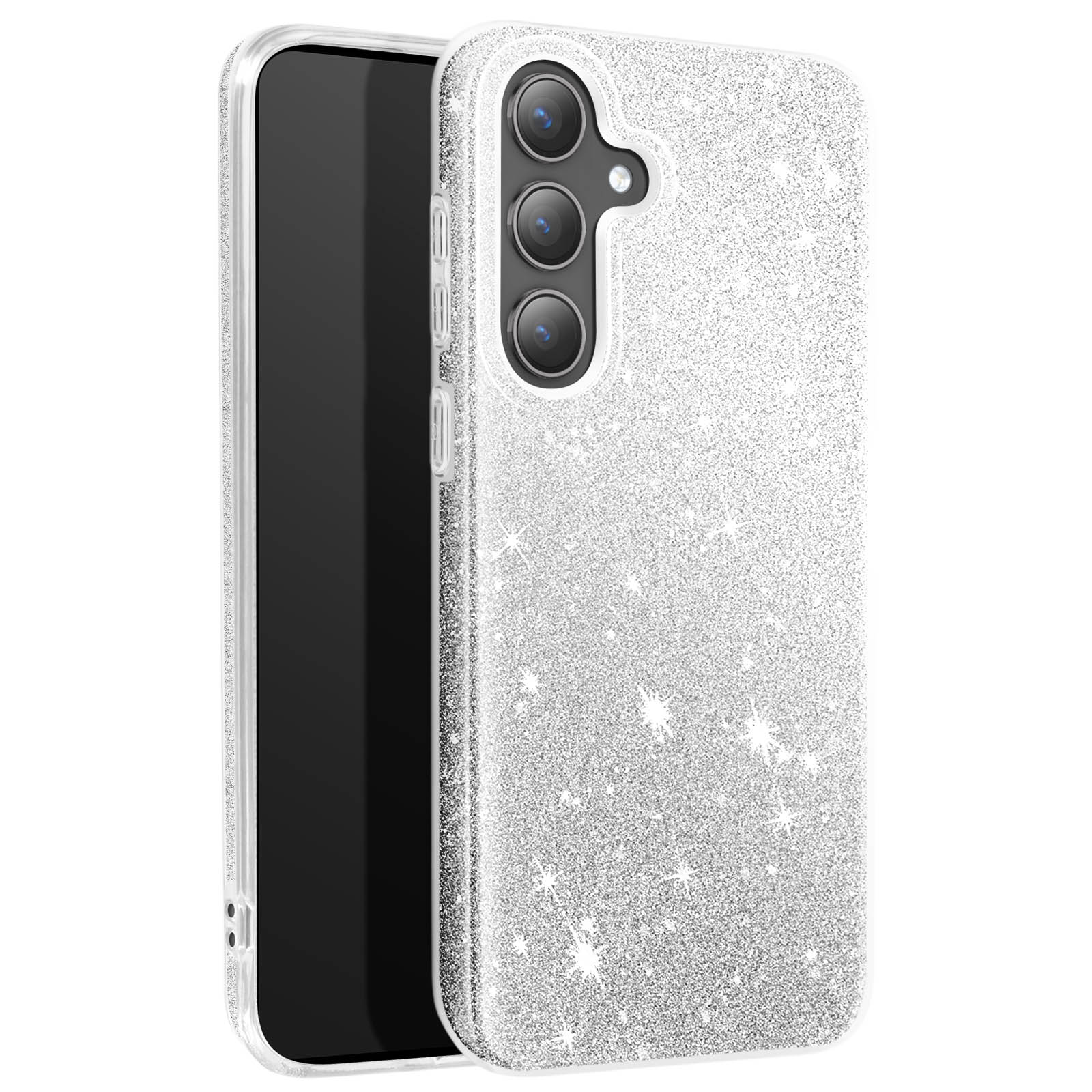 Una custodia per telefono argentata con glitter. C'è un telefono dentro. Sfondo bianco.