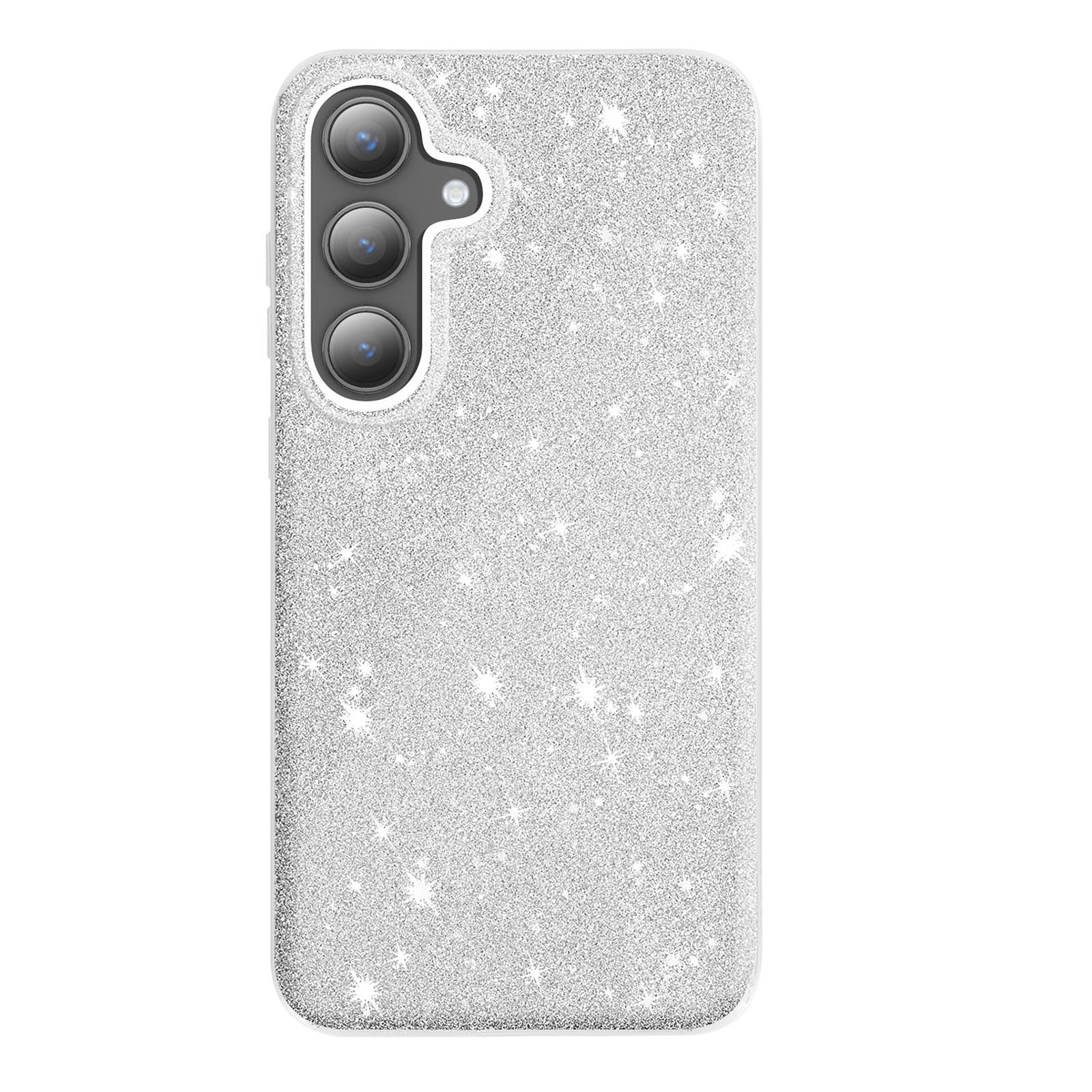 Custodia per telefono glitterata argentata. Tre lenti della fotocamera e flash sul retro. Sfondo bianco.