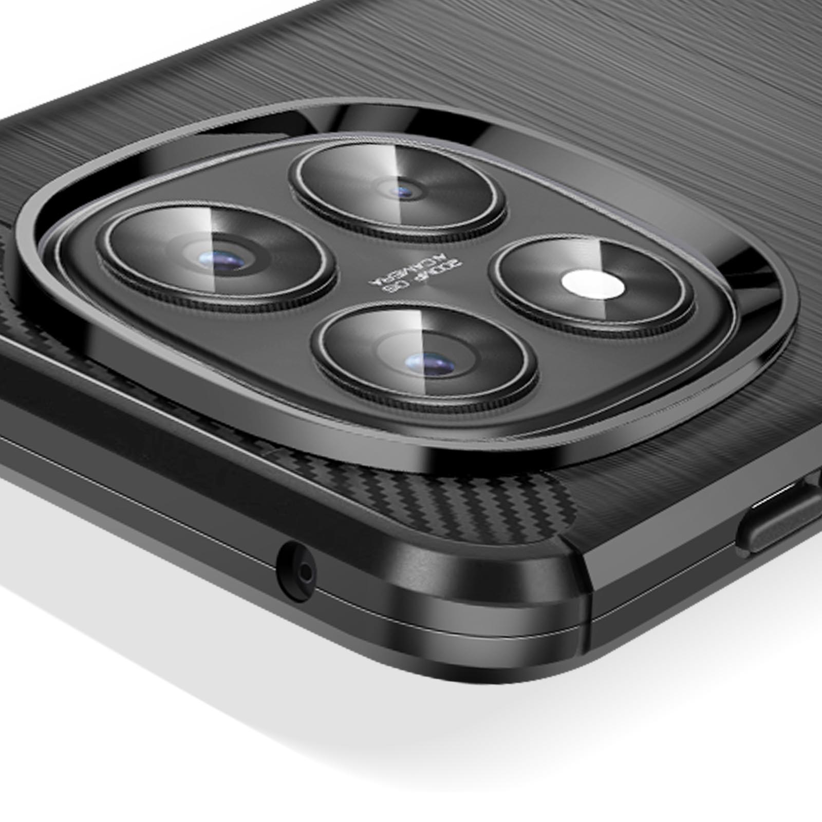 Custodia nera, primo piano del modulo fotocamera. Mostra lenti e dettagli strutturati.