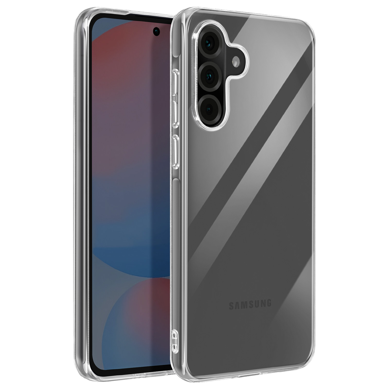 Una custodia trasparente su un telefono, che mostra lo schermo. Il telefono ha una configurazione a tripla fotocamera.