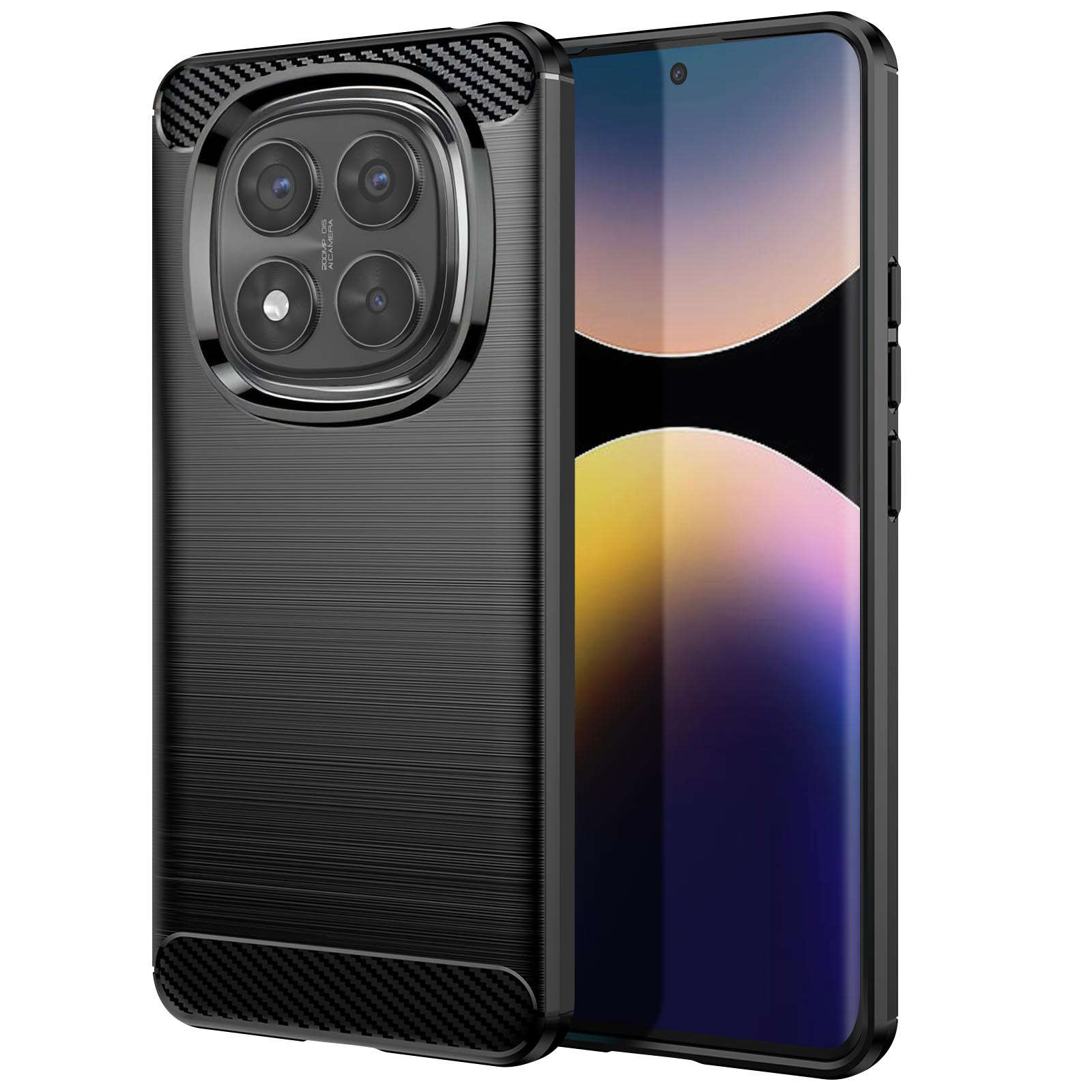 Cover per telefono nera con retro strutturato e un ampio modulo fotocamera. Il telefono è su una superficie.