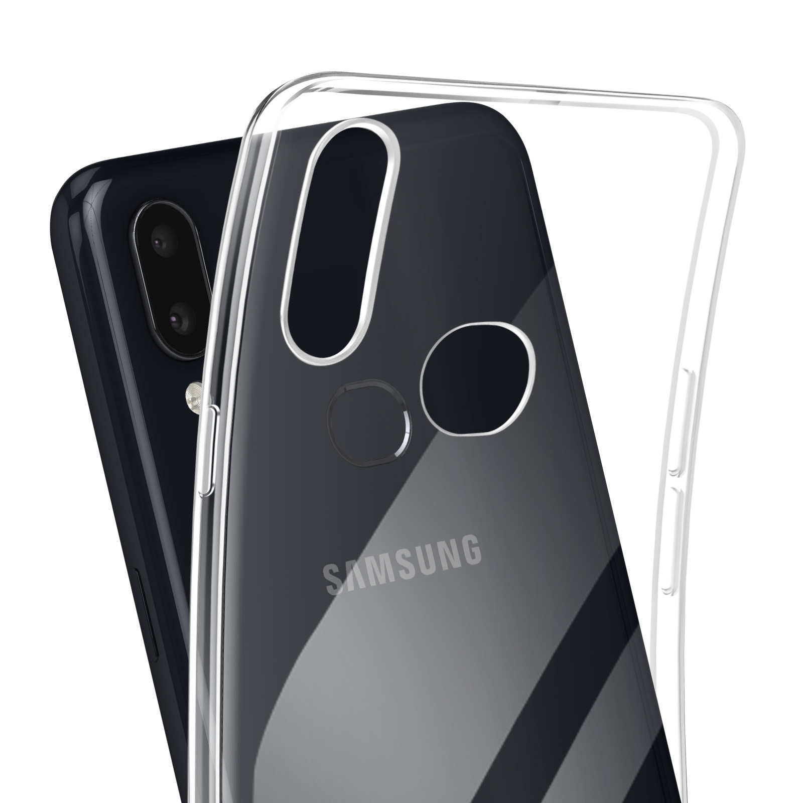 Un telefono in una custodia trasparente. Il telefono è nero, con una configurazione a tripla fotocamera.