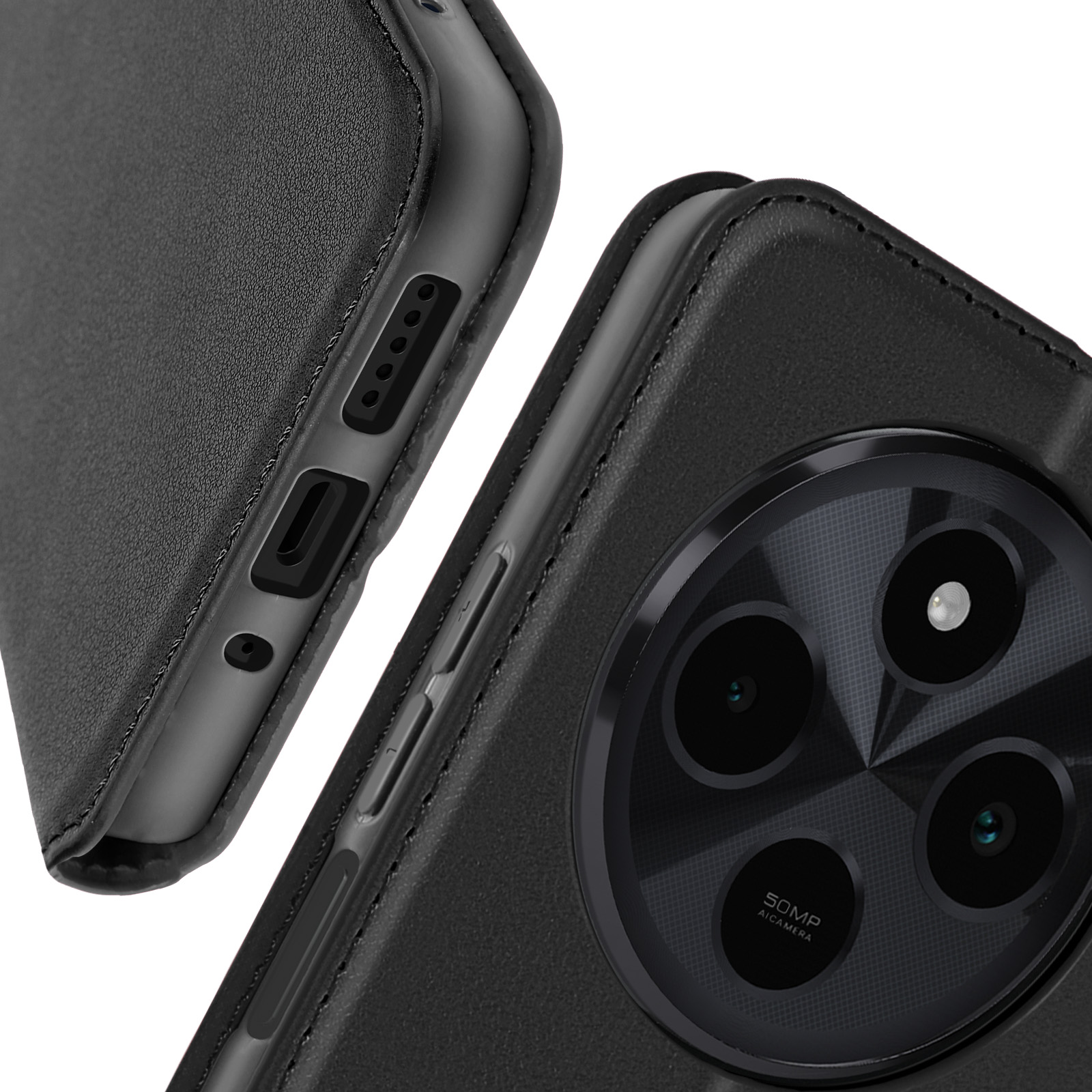 Primo piano di una custodia per telefono con il rigonfiamento della fotocamera visibile e alcune porte. Materiale in pelle nera.