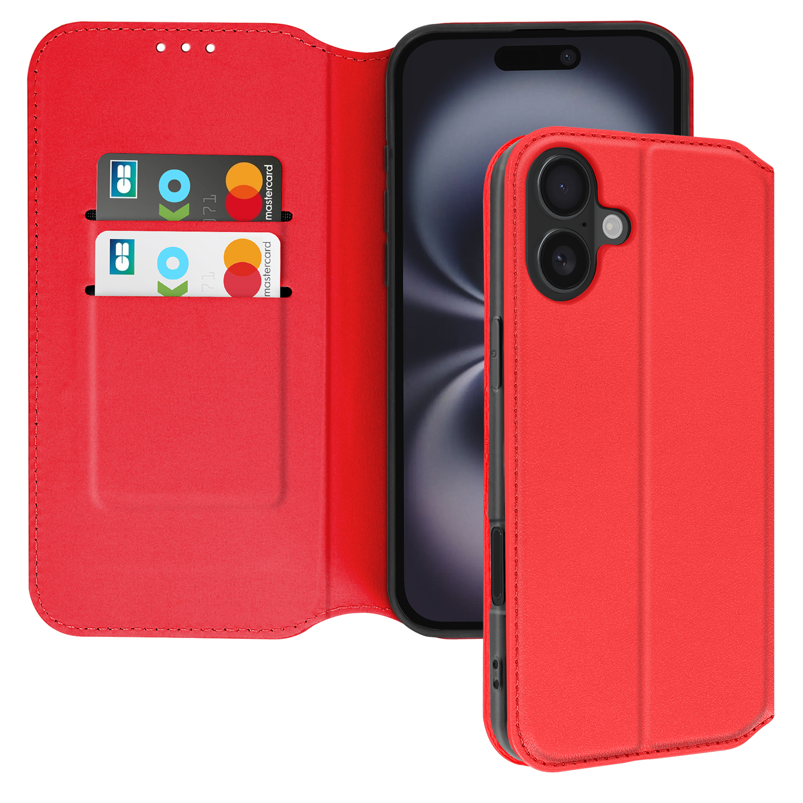 Custodia rossa per telefono, aperta, con un telefono all'interno. Due carte di credito sono visibili.