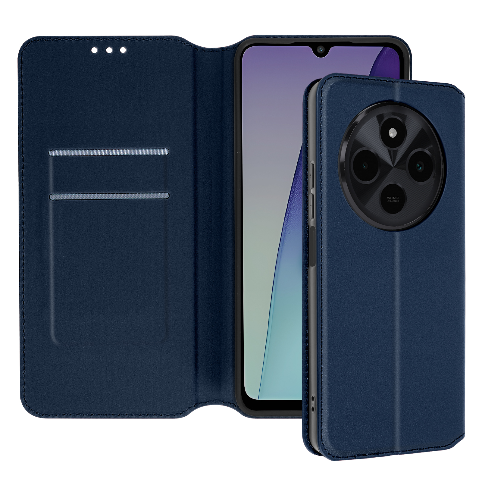 Eine blaue Handyhülle. Sie ist offen und zeigt den Bildschirm des Telefons. Das Telefon hat drei Kameras.