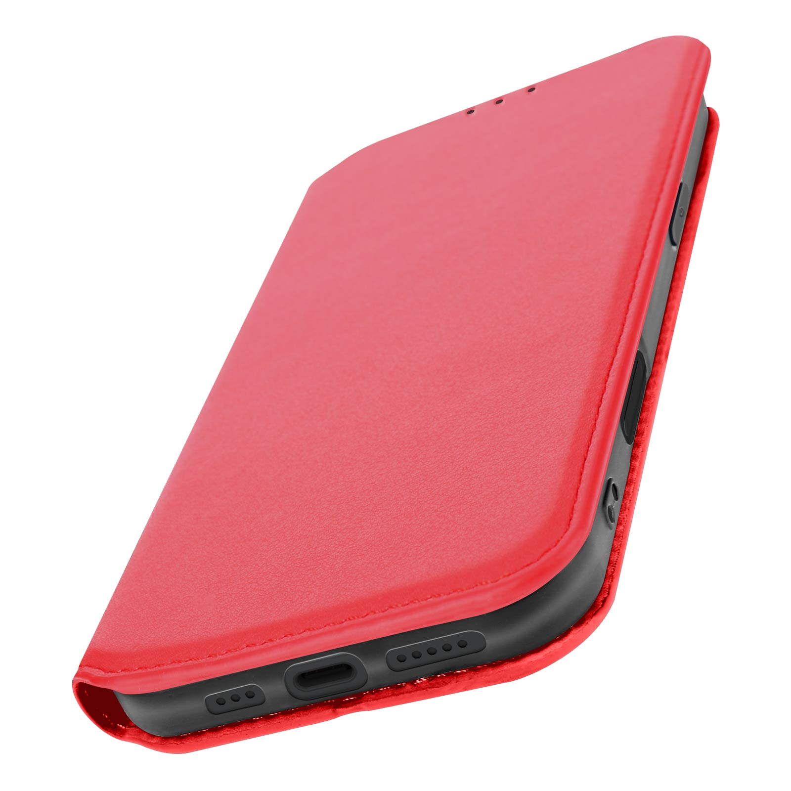 Una custodia rossa per telefono con un telefono all'interno. Il telefono è angolato e le porte sono visibili.