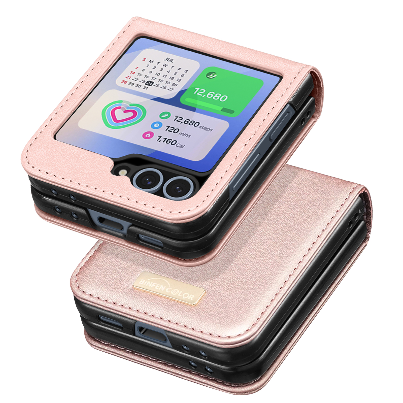 Custodia per telefono rosa con un telefono che mostra un calendario e metriche sanitarie.