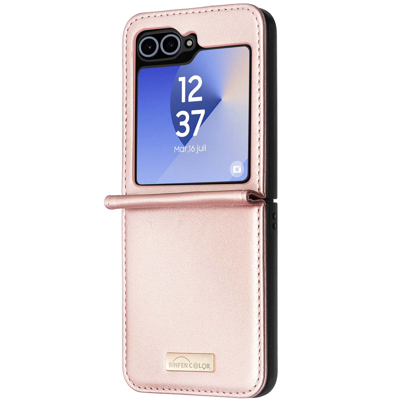 Custodia rosa aperta, con telefono che mostra ora e data, e un piccolo logo.