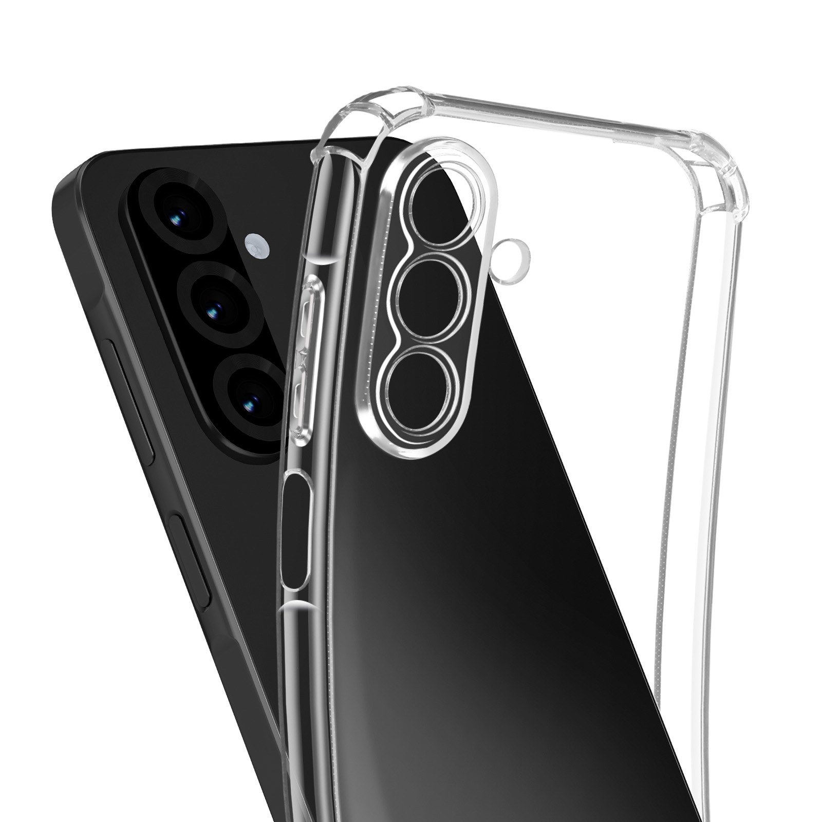 Due telefoni in una custodia trasparente. Un telefono è nero, l'altro è coperto dalla custodia.
