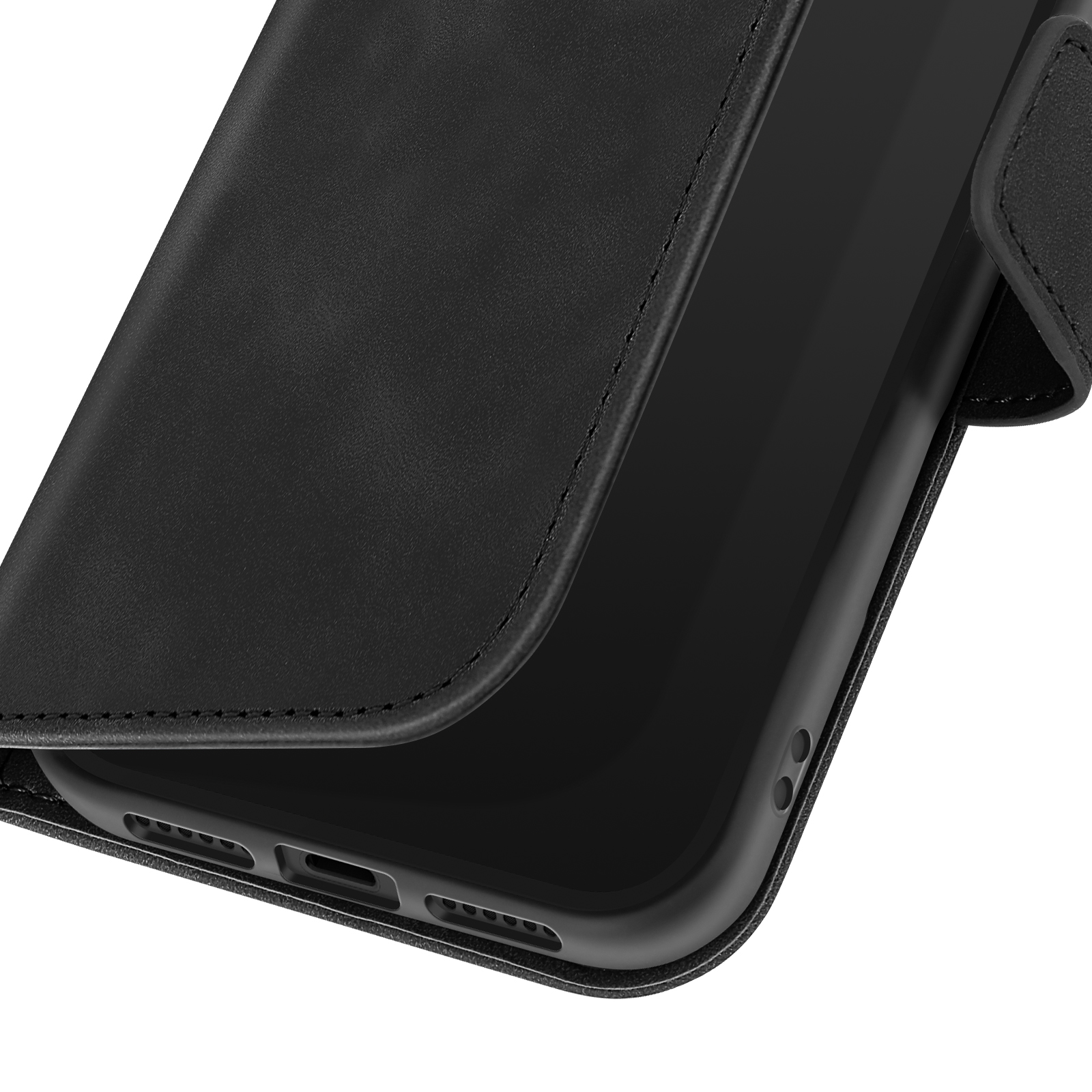 Primo piano di un telefono nero all'interno di una custodia nera. I dettagli includono altoparlanti e porta di ricarica.