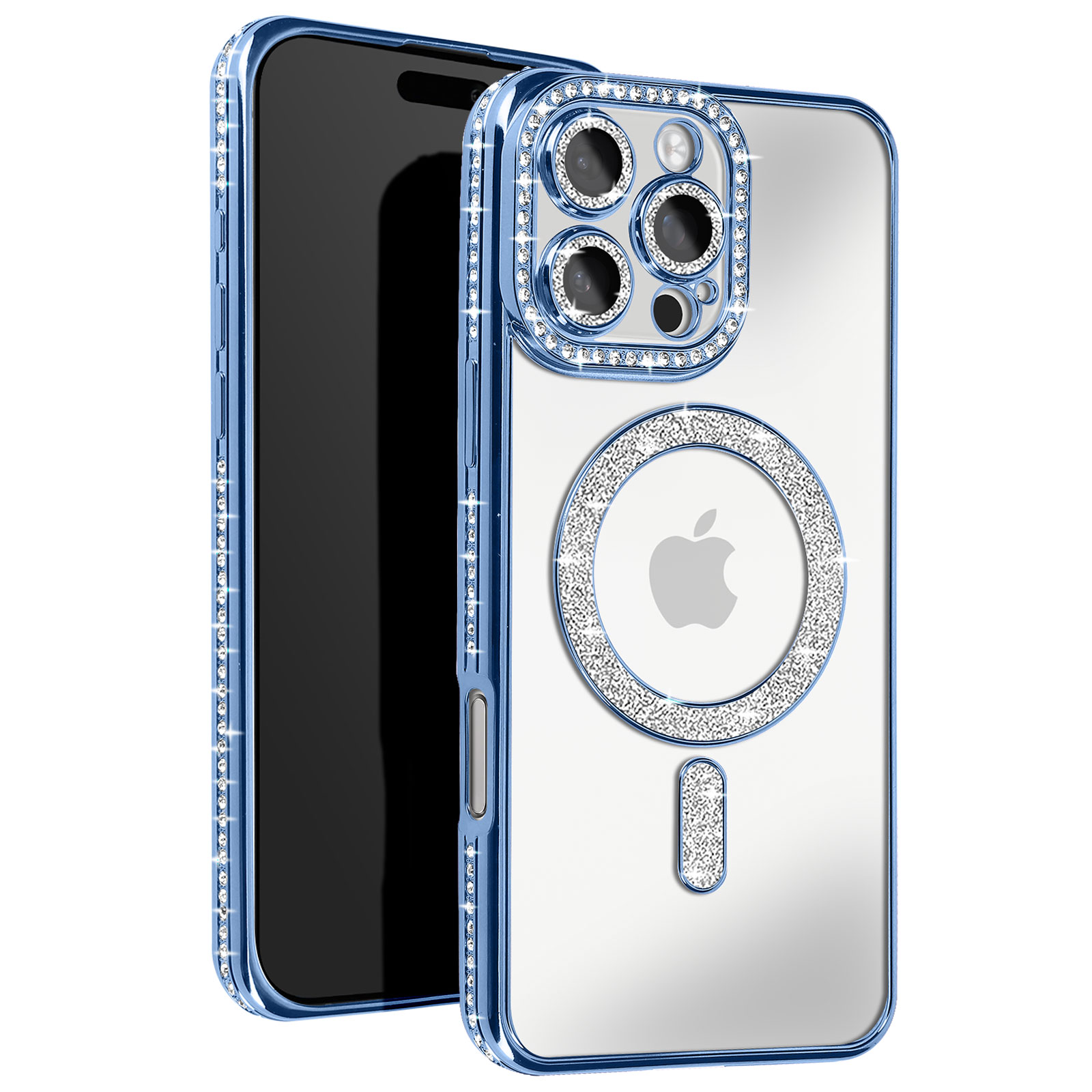 Una custodia blu per telefono con cristalli incastonati. La custodia ha un logo Apple e un anello per la fotocamera.