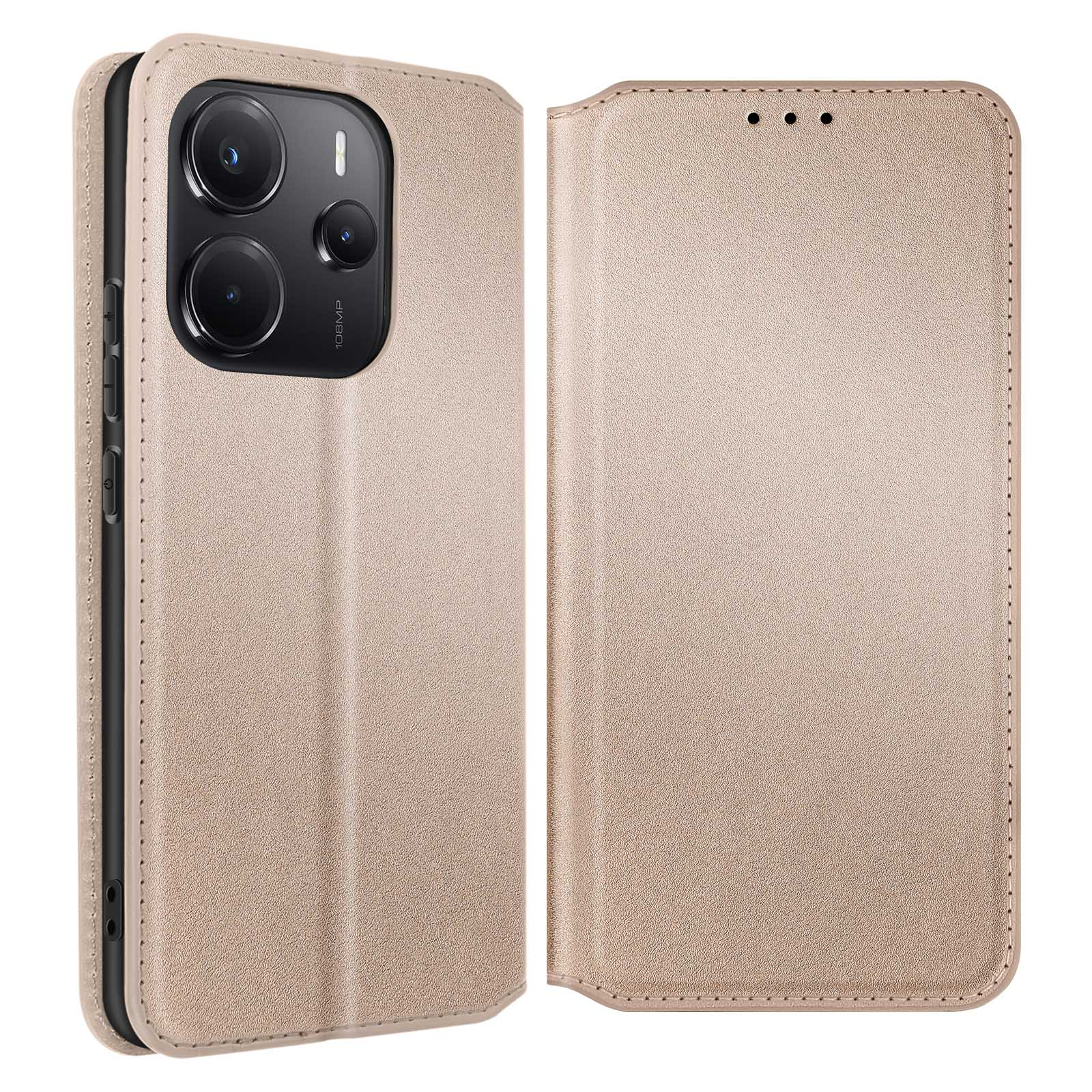 Una custodia beige per telefono in posizione aperta, che mostra il telefono e le sue lenti.