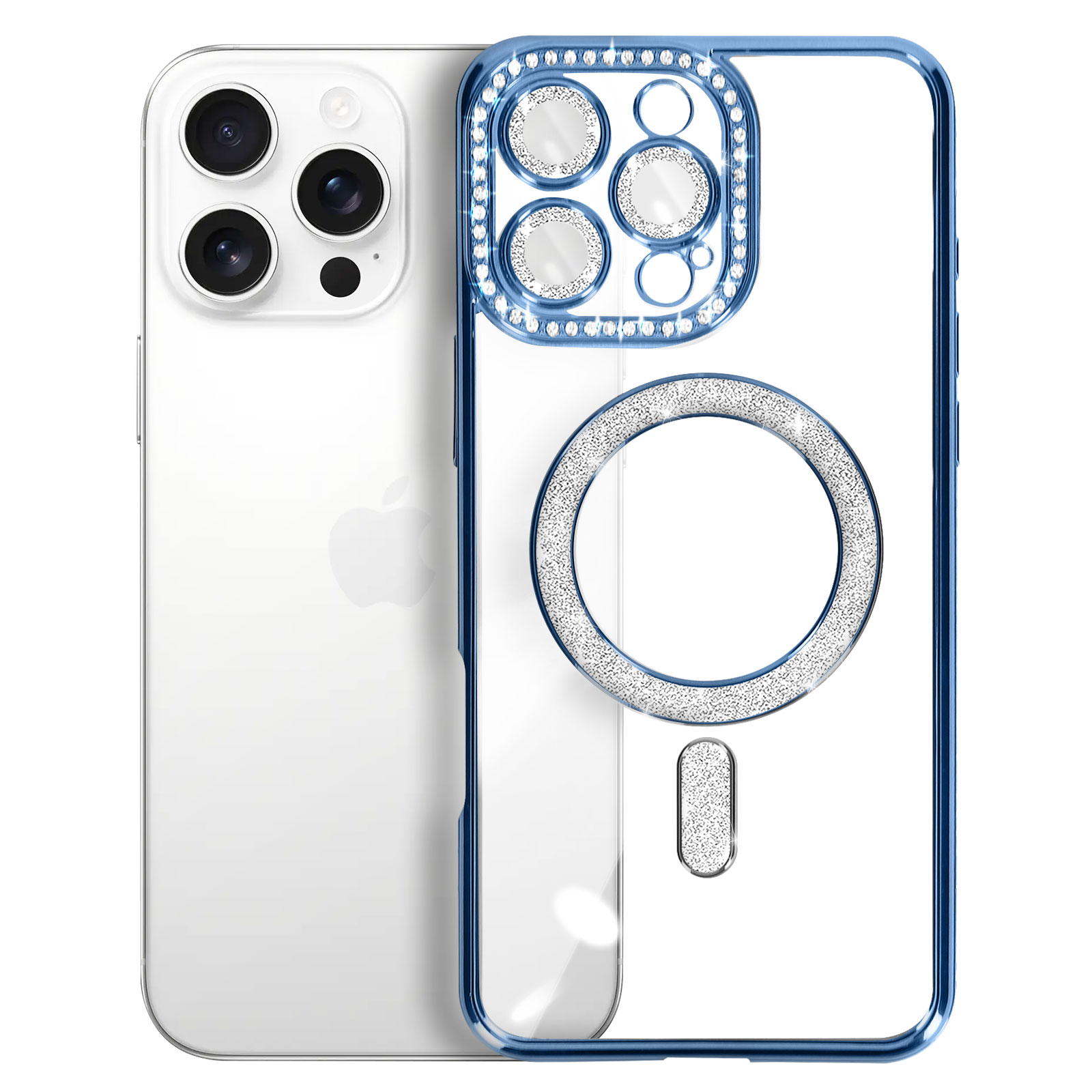 Una custodia trasparente con dettagli blu attorno alla fotocamera e un anello argentato.