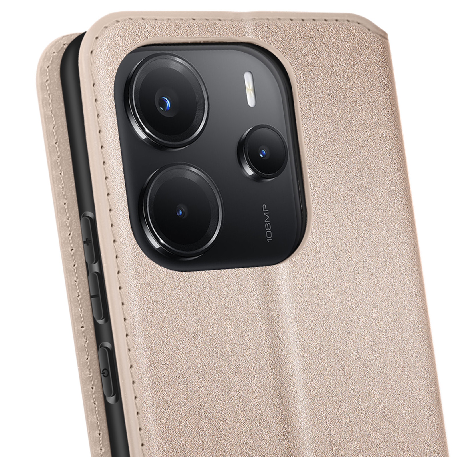 Una custodia beige per telefono con un telefono all'interno. La custodia è aperta, mostrando le lenti della fotocamera del telefono.