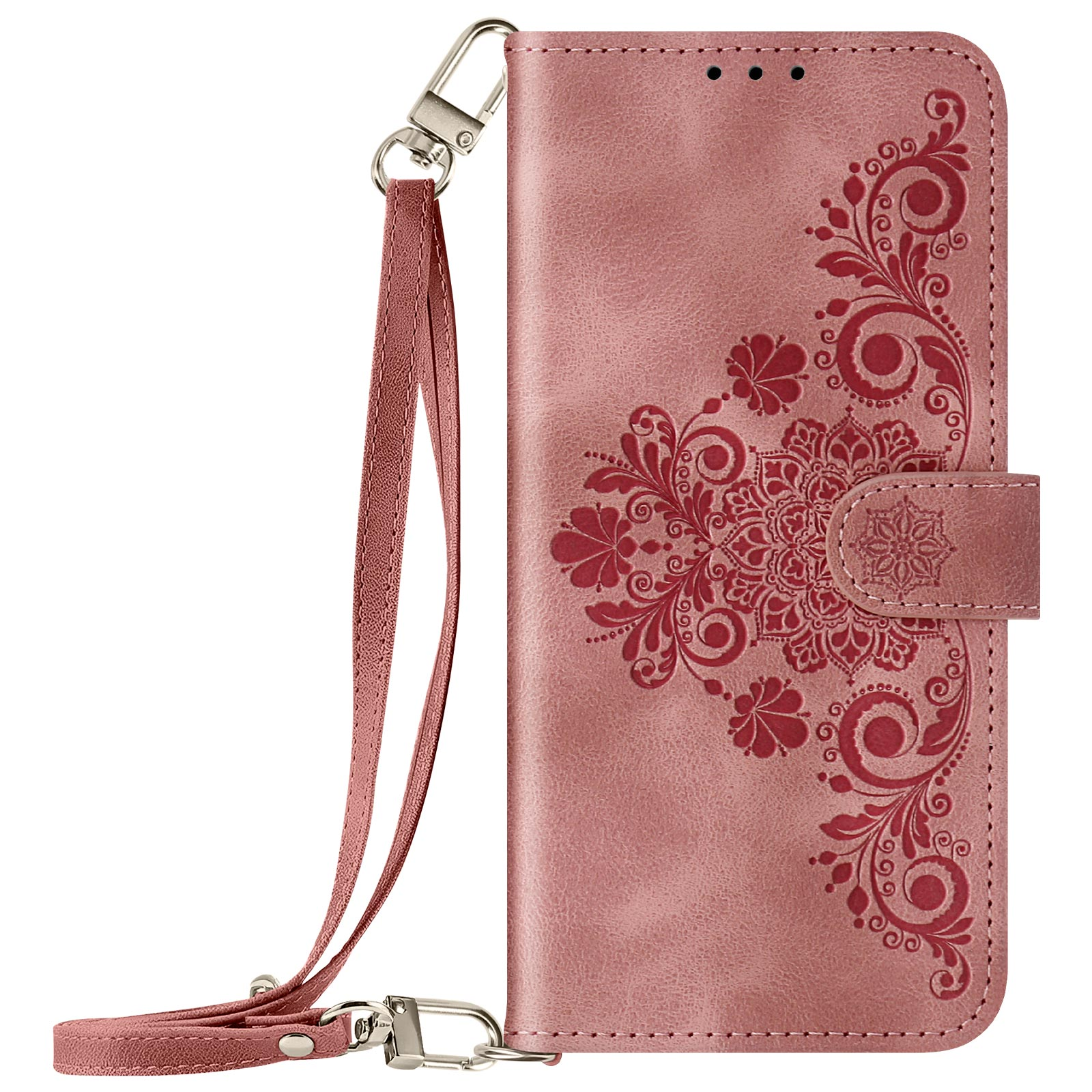 Una custodia rosa per telefono con un design floreale e un cinturino rosa attaccato a un fermaglio metallico.