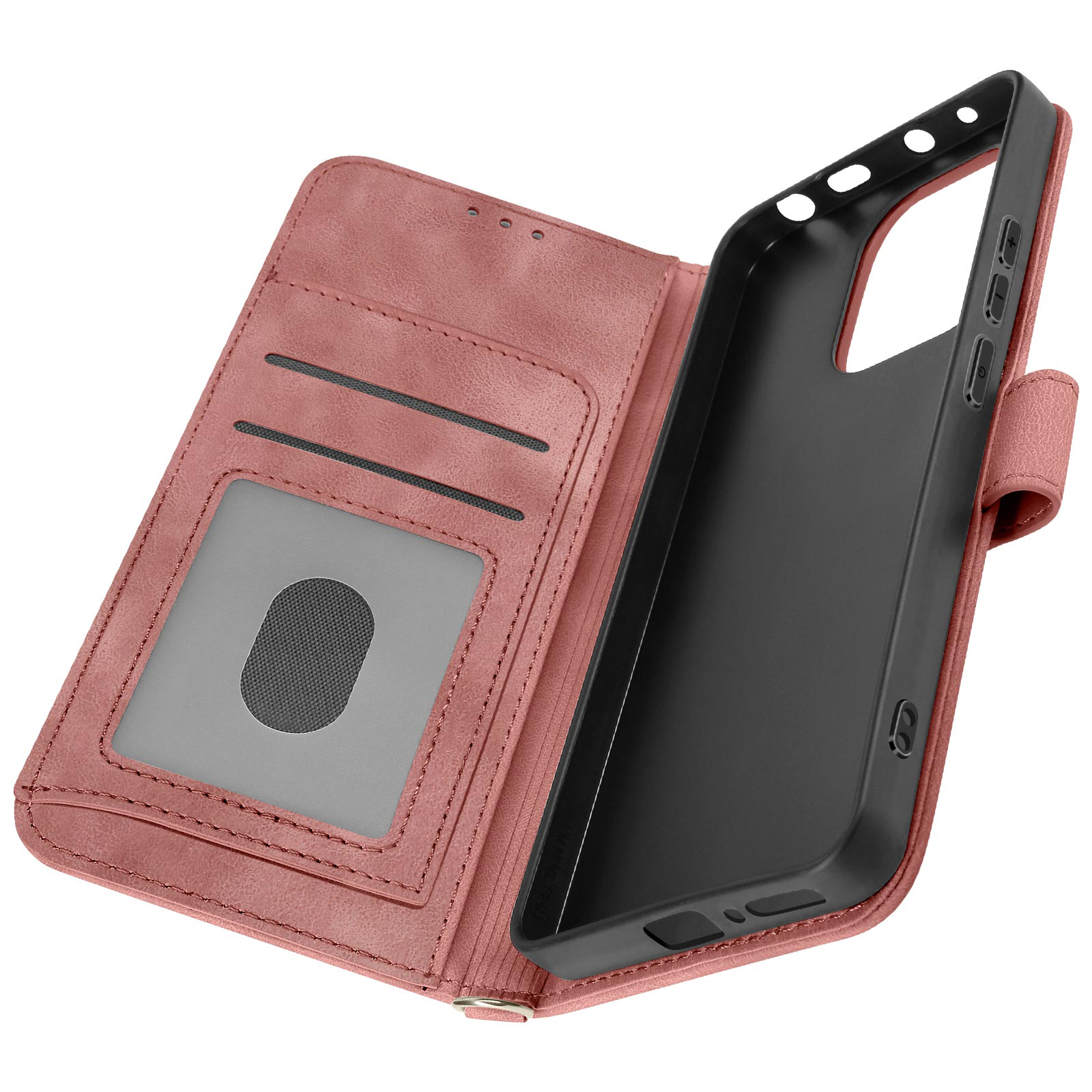 Portafoglio custodia telefono rosa, aperto. Custodia nera all'interno. Scomparti per carte e finestra ID.