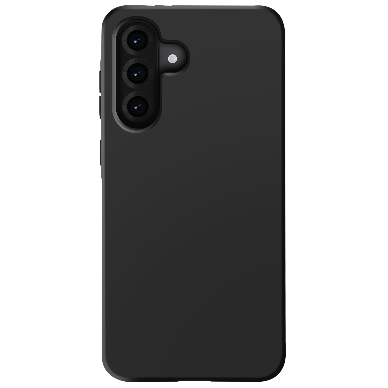 Custodia nera con tre obiettivi della fotocamera. Sfondo scuro. Pulsanti laterali visibili.