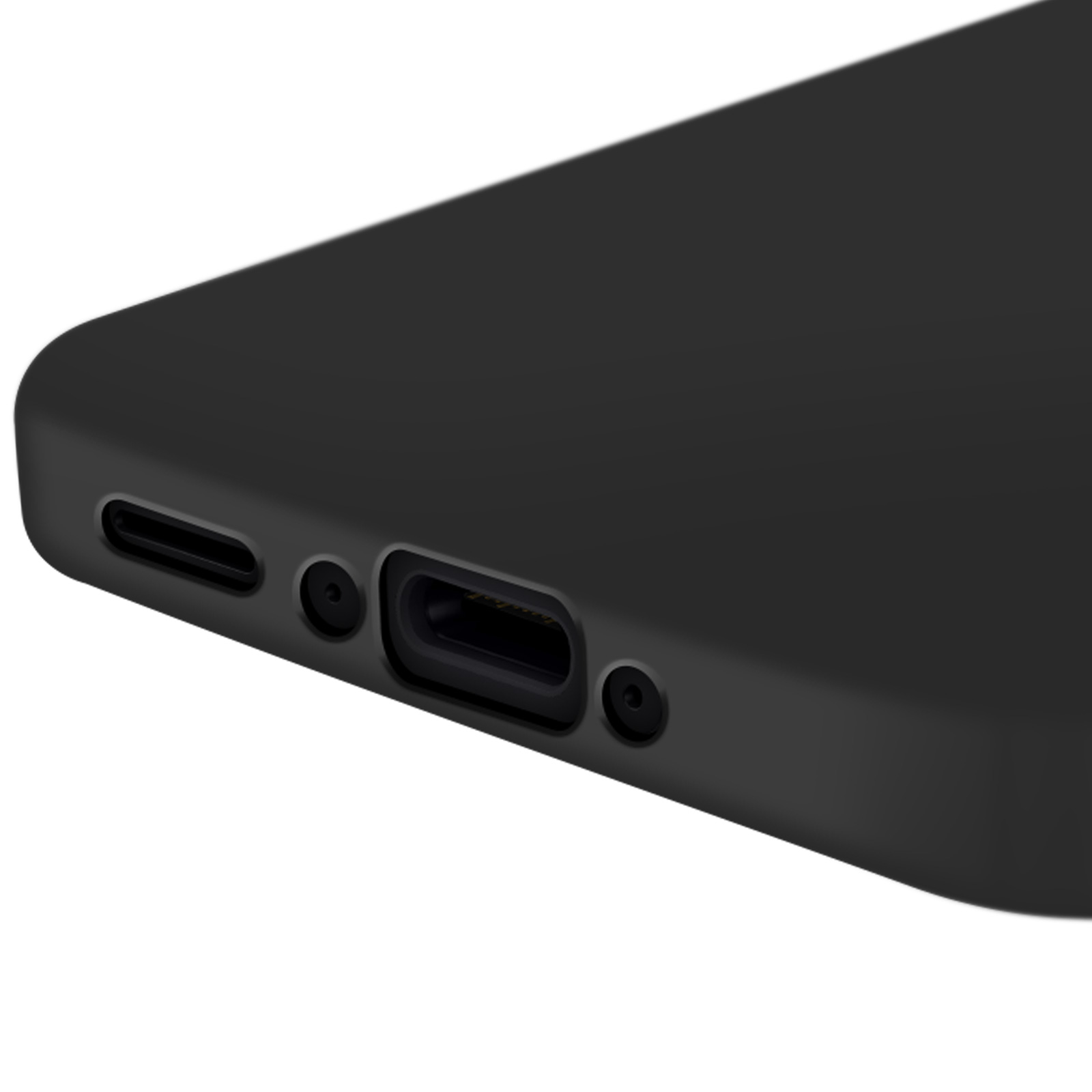 Primo piano della parte inferiore di un telefono nero. Porta di ricarica visibile.