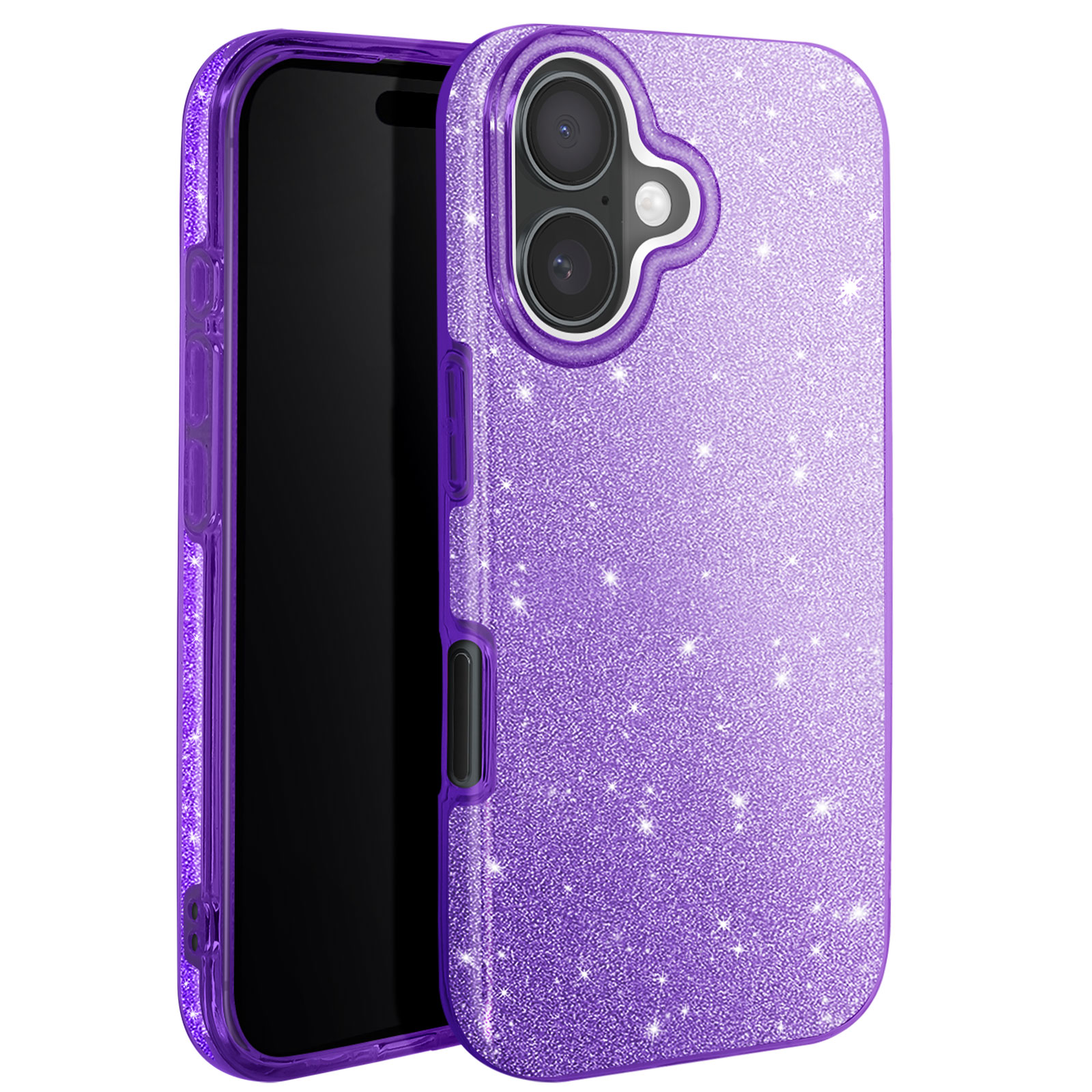 Custodia per telefono viola con brillantini. Telefono all'interno. Copertura viola, due lenti della fotocamera visibili. Sfondo bianco.