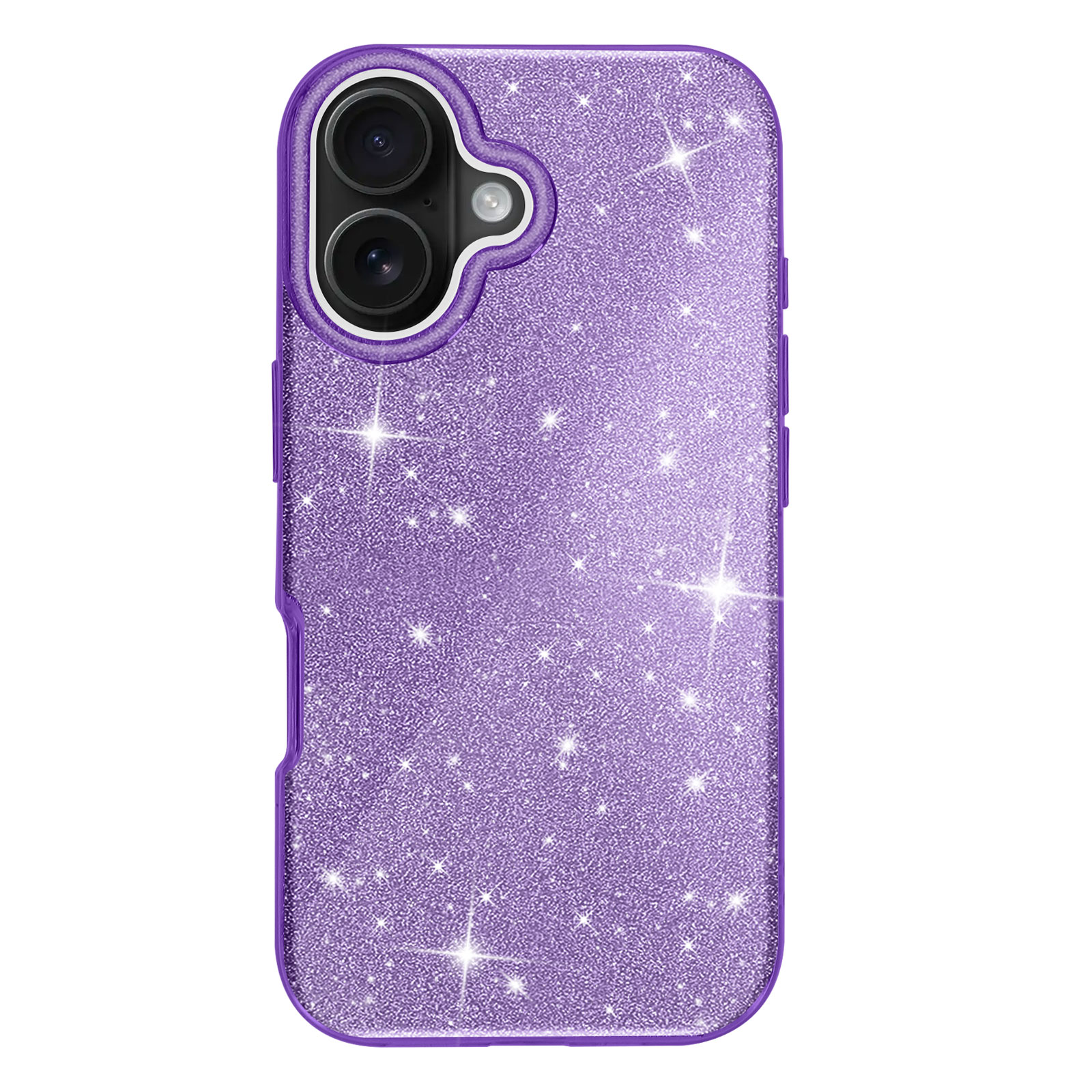 Custodia per telefono viola con brillantini. Due lenti della fotocamera visibili. Sfondo bianco.
