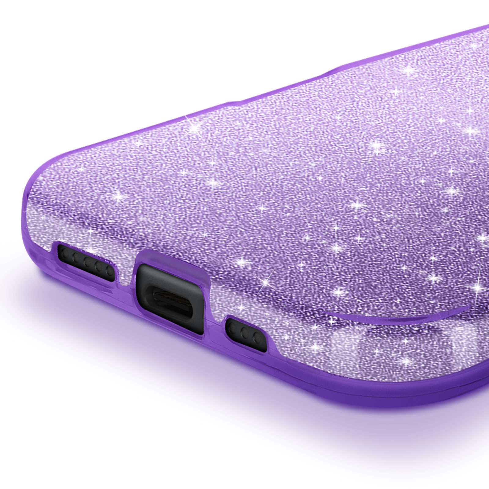 Primo piano di una custodia per telefono viola con effetto glitter. Con porta di ricarica e ritagli fotocamera.