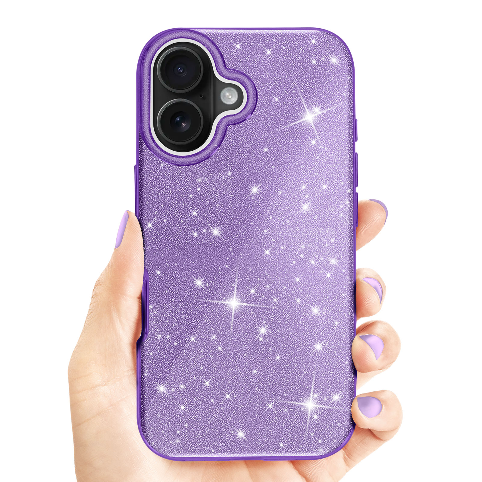 Mano che tiene una custodia per telefono viola con brillantini. Due lenti della fotocamera.