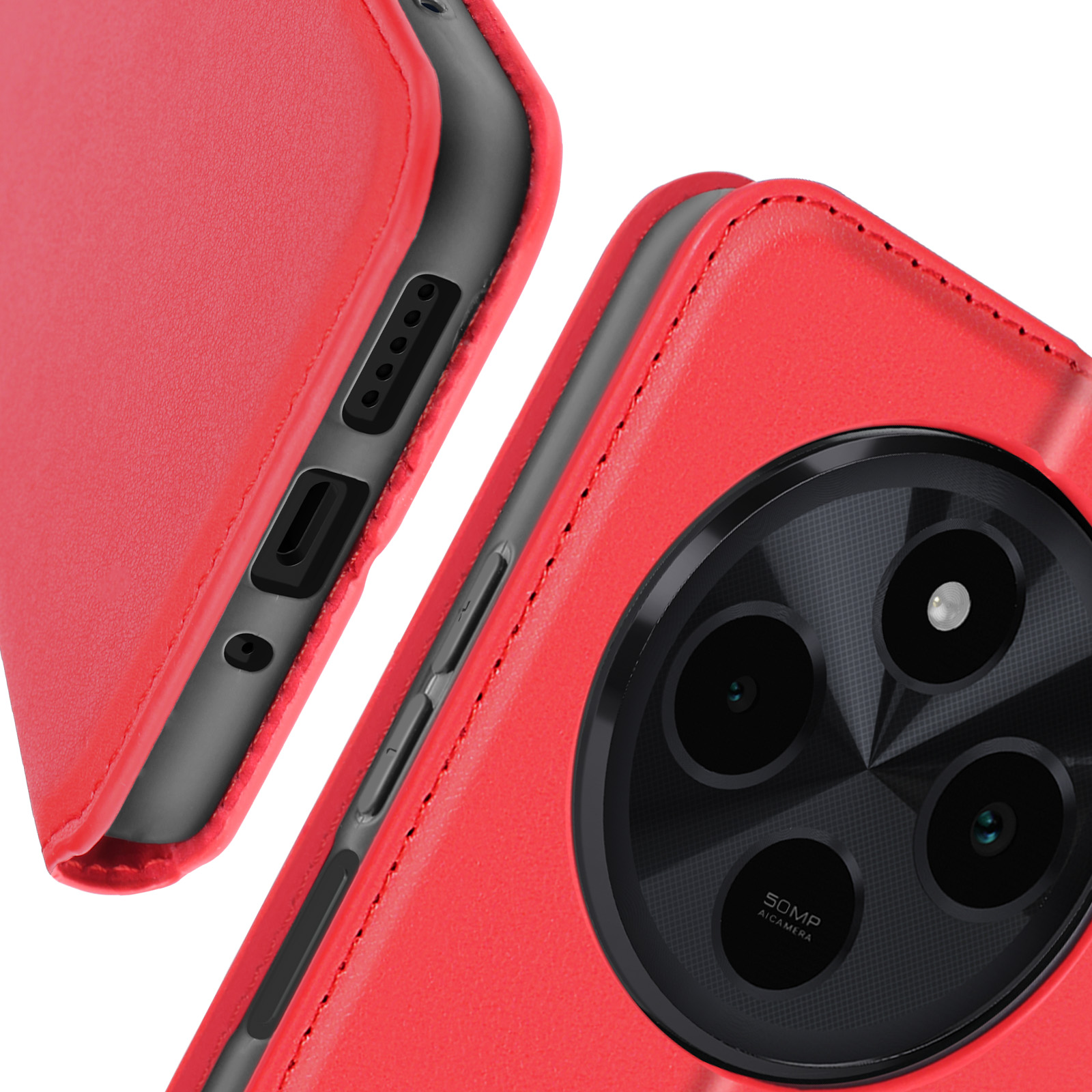 Primo piano, custodia per telefono rossa. Mostra porta di ricarica e ritagli fotocamera. Rosso su rosso.
