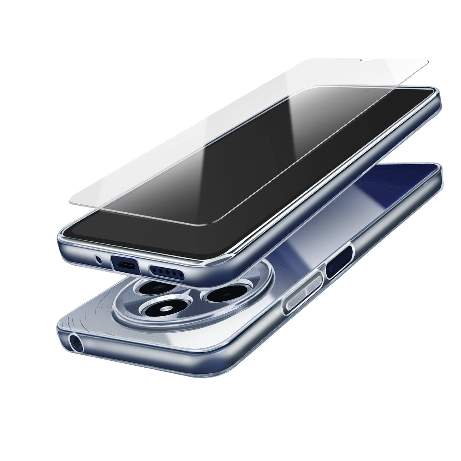 Telefon mit Displayschutz und Hülle. Telefon ist silber. Schutzfolie ist klar. Hülle ist transparent.
