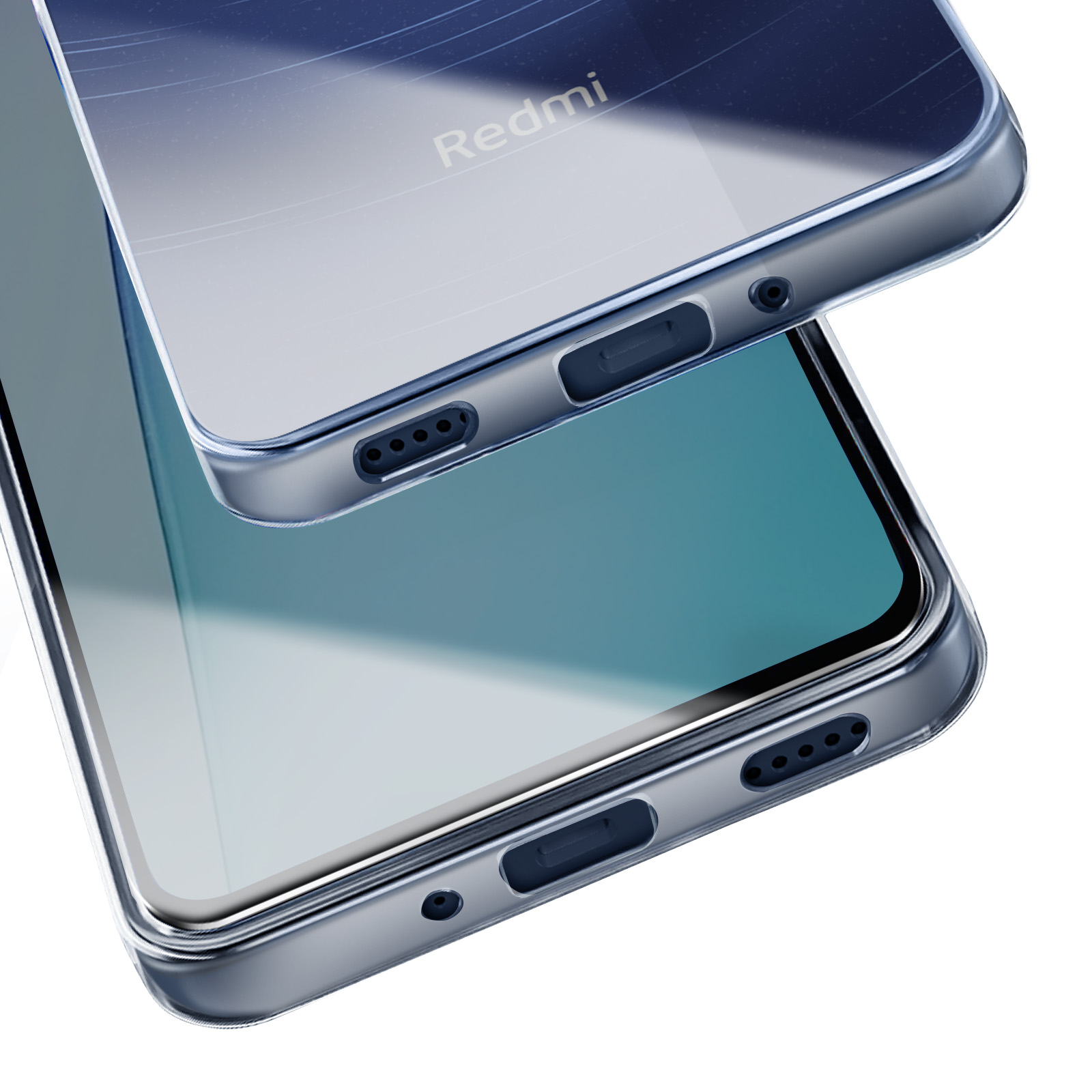 Transparente Handyhülle. Zwei Teile, oben mit Redmi, unten mit Lautsprecherlöchern.