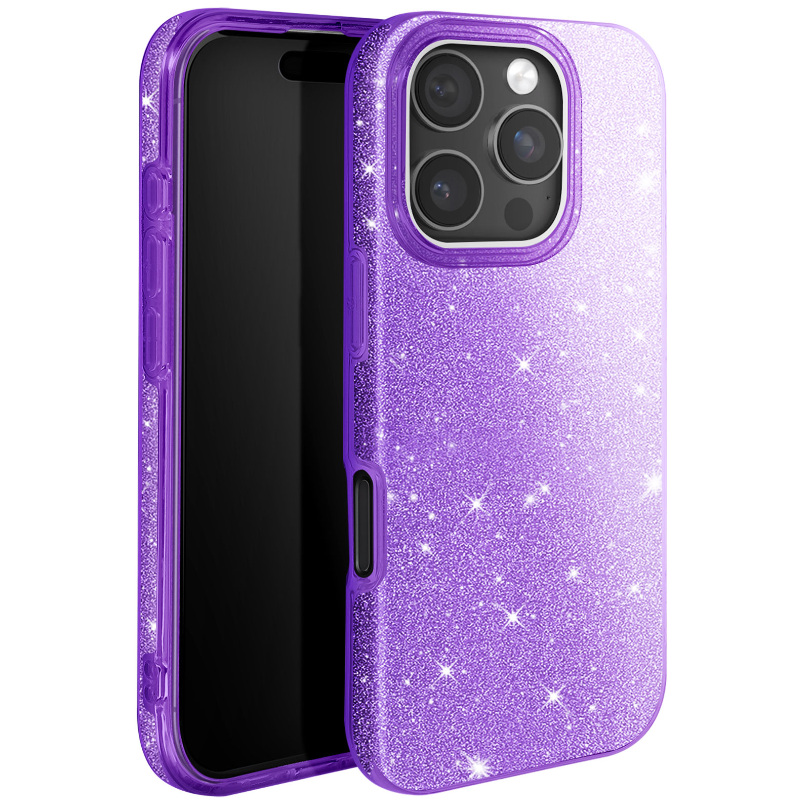 Custodia viola per telefono. Tre obiettivi della fotocamera. Lo schermo del telefono è nero.