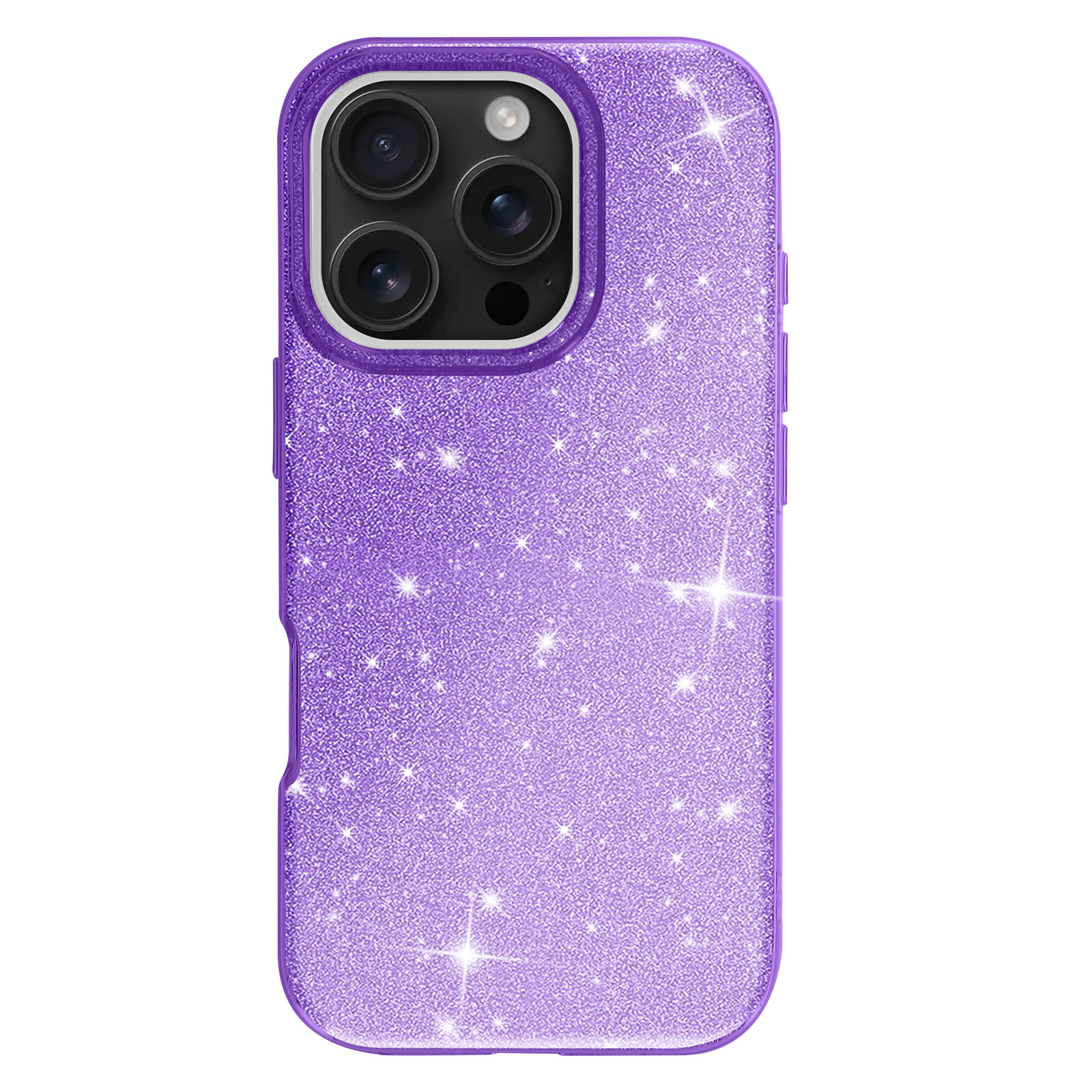Custodia viola per telefono con brillantini. Tre obiettivi della fotocamera visibili.