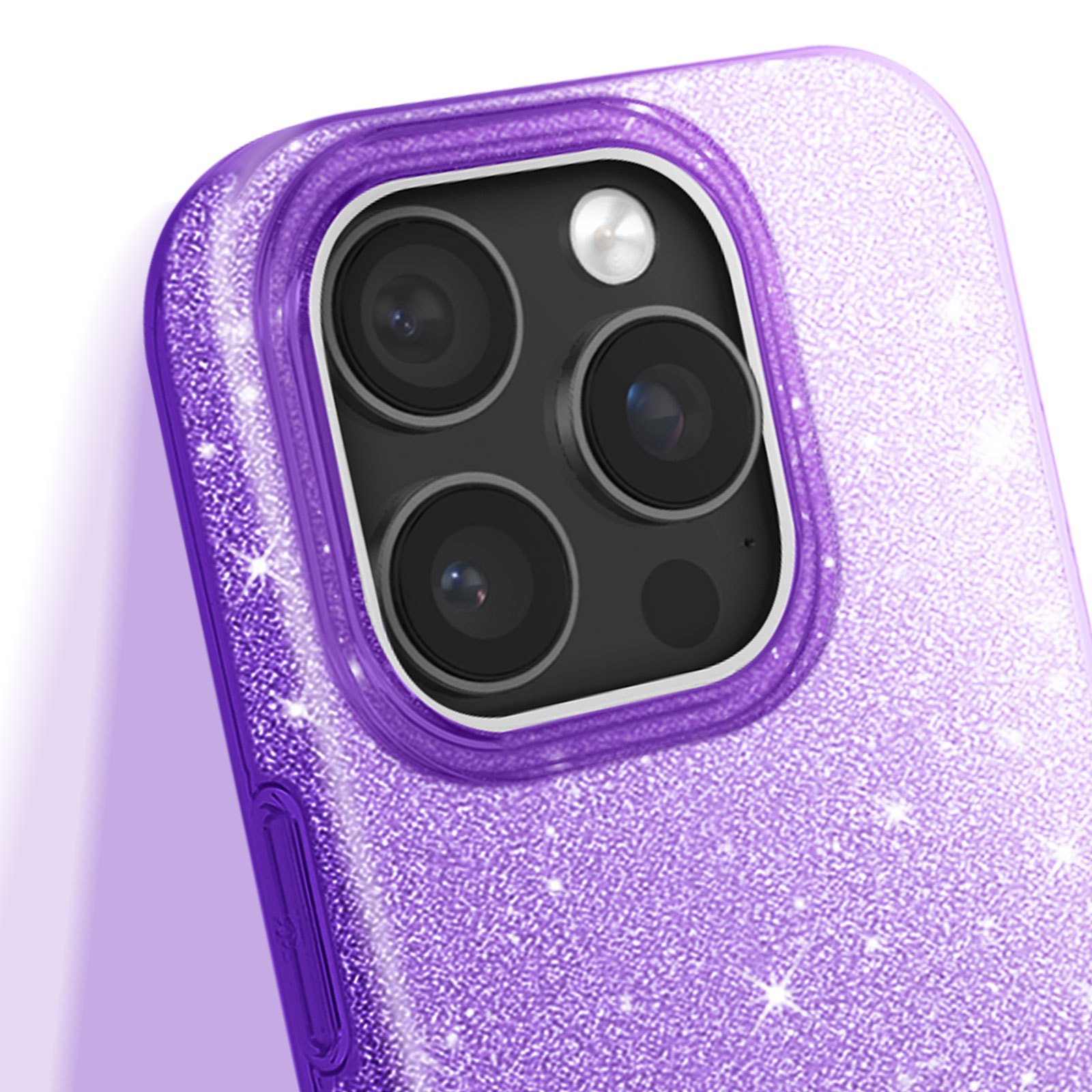 Custodia viola per telefono con brillantini. Tre obiettivi della fotocamera visibili.