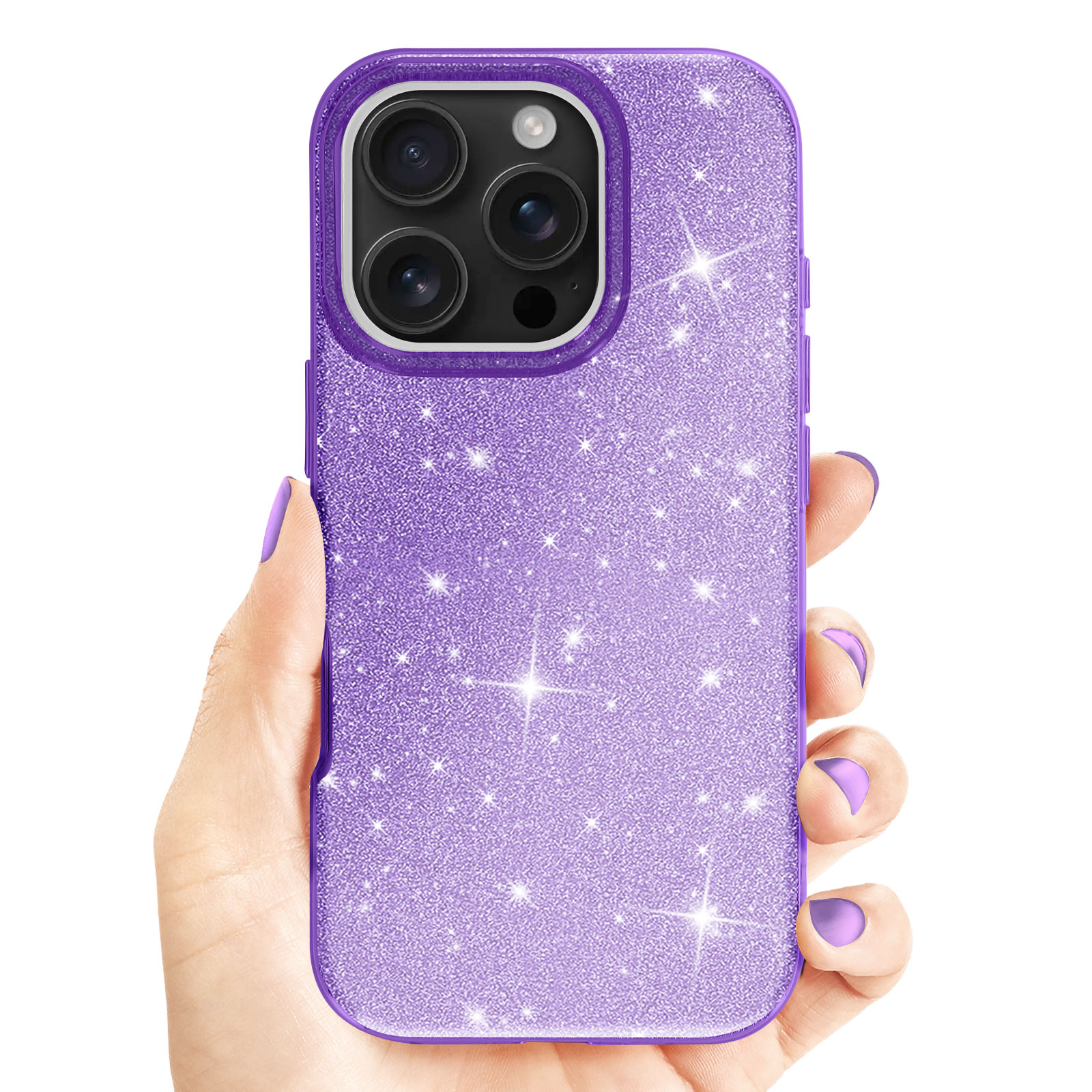 Mano che tiene una custodia per telefono viola glitterata con lenti della fotocamera.