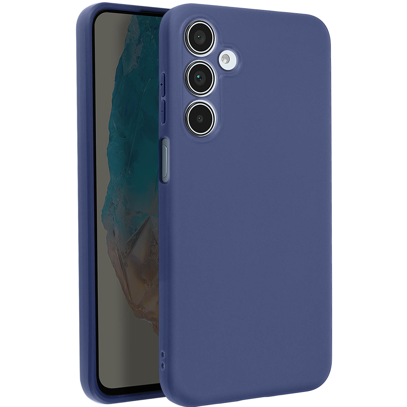 Custodia blu con tre lenti e un telefono all'interno.