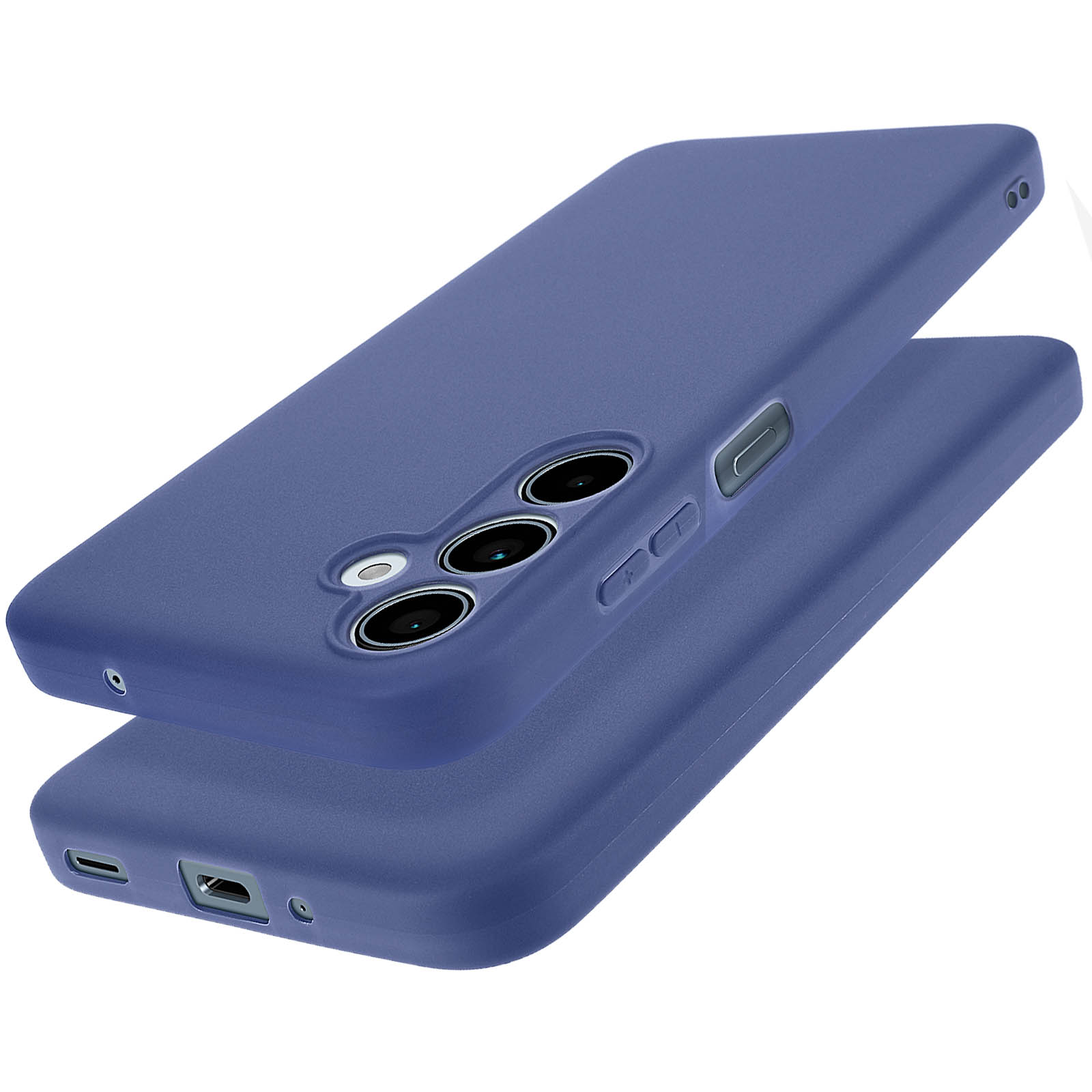 Due custodie blu per telefono con tre obiettivi della fotocamera. Una custodia è sopra l'altra.