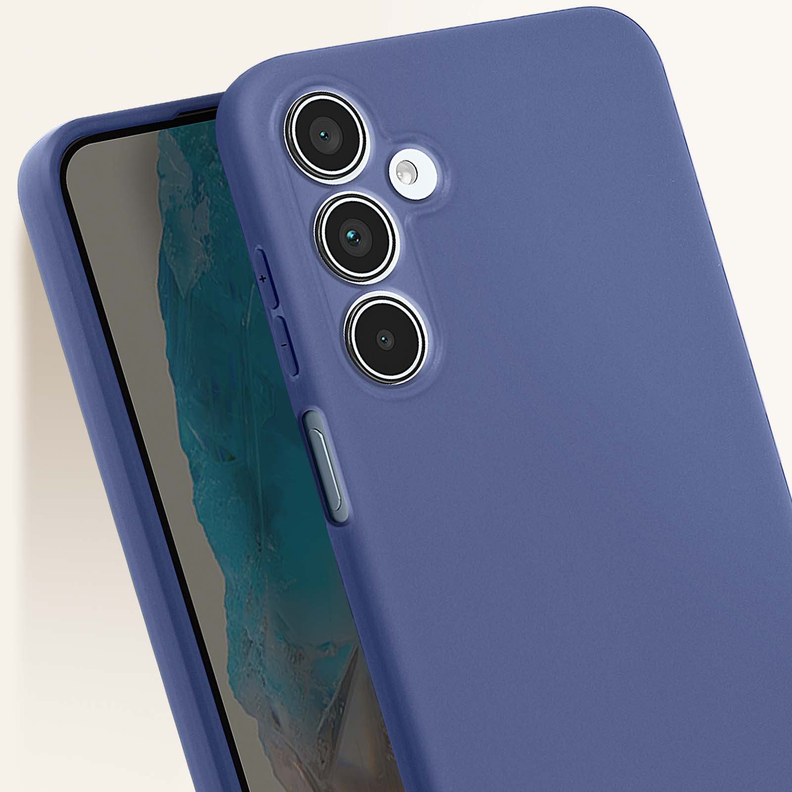Custodia blu con lenti triple e pulsanti.