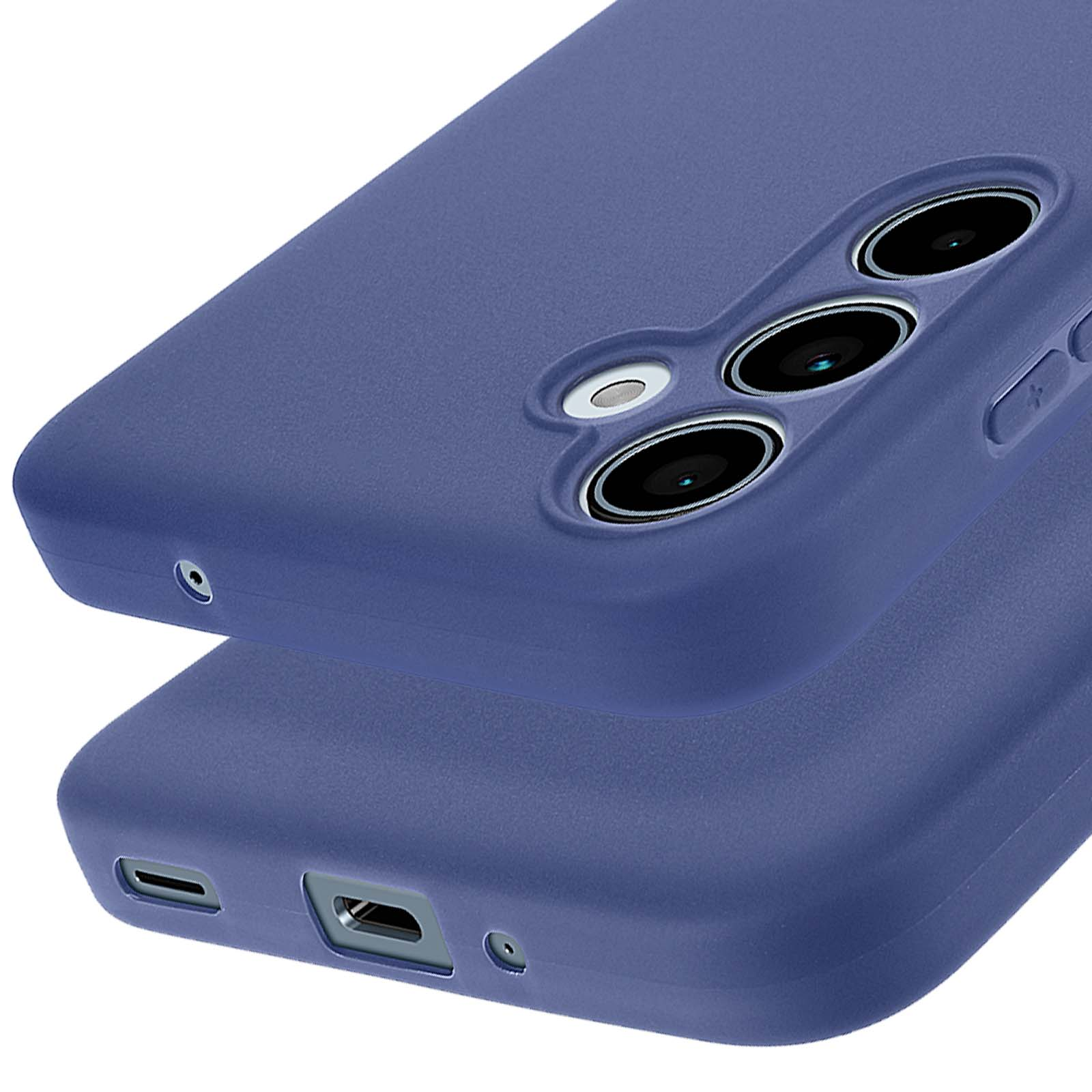 Custodia per telefono viola con tre lenti della fotocamera. La custodia è su una superficie bianca.