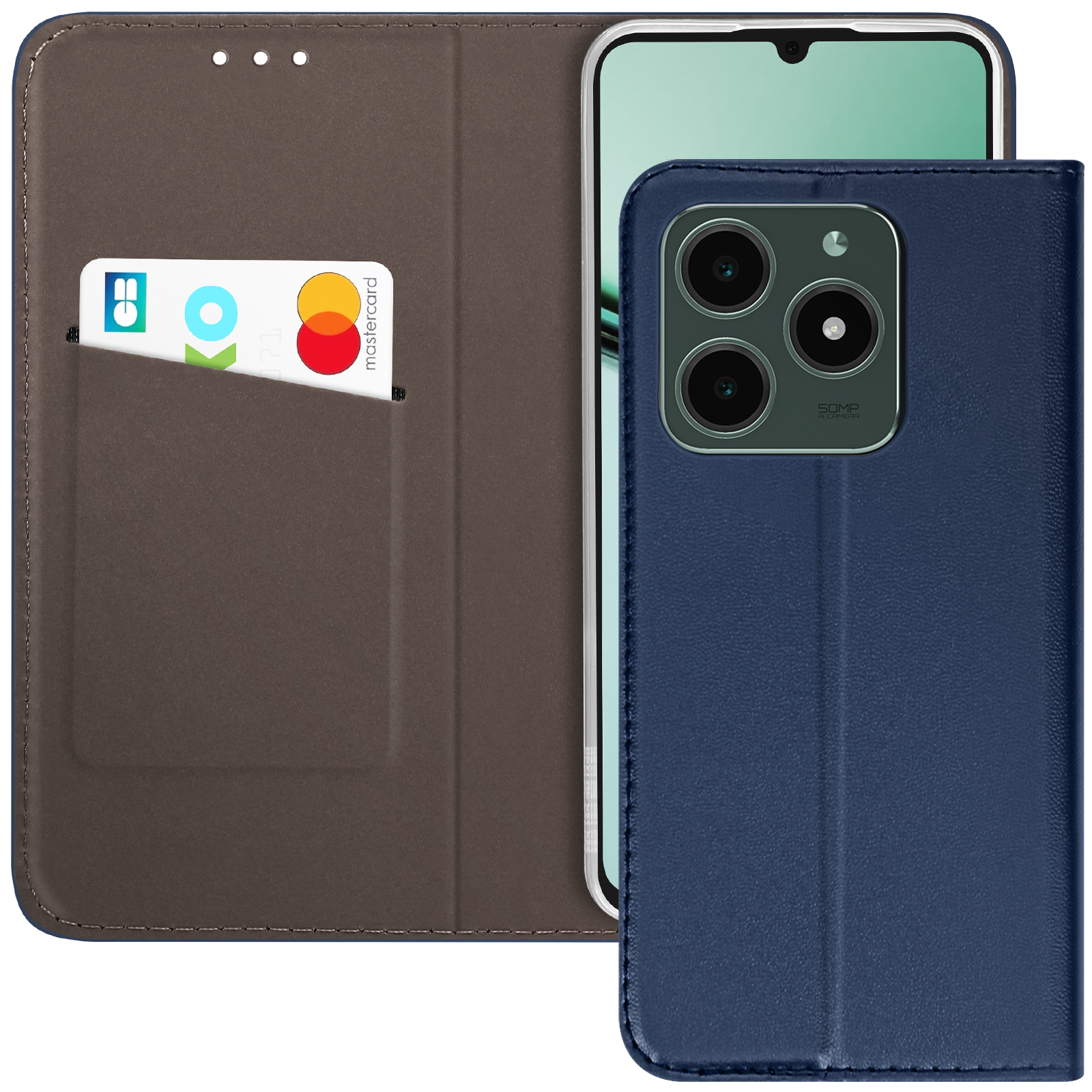 Custodia blu con coperchio aperto, che mostra carte di credito.