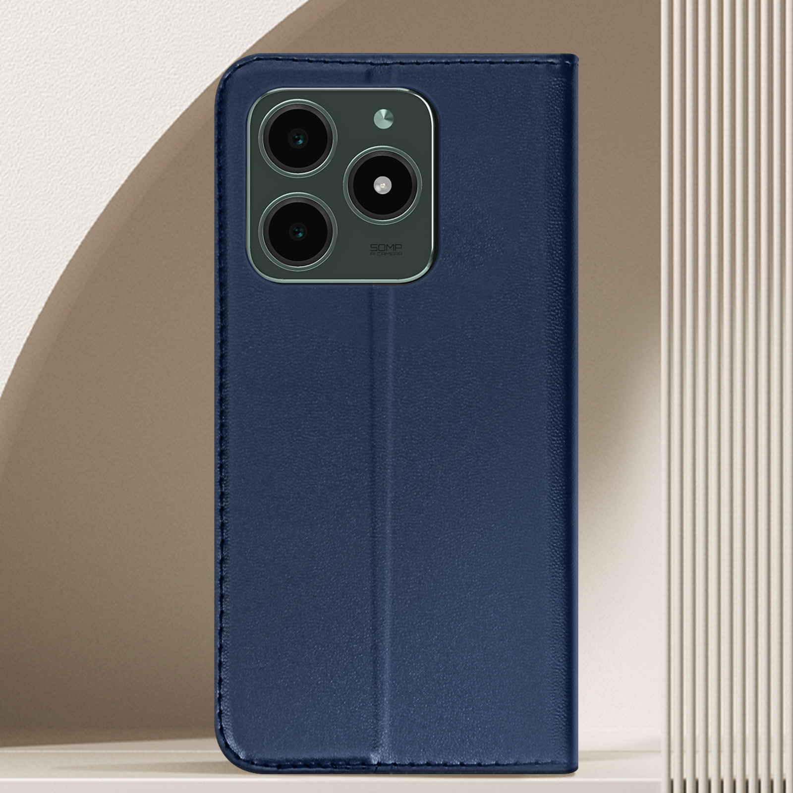 Una custodia per telefono con coperchio aperto. All'interno ci sono due carte.