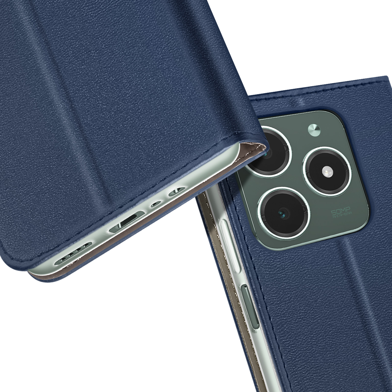 Primo piano di una custodia blu per telefono. Sono visibili le lenti della fotocamera, il lato e la porta USB.