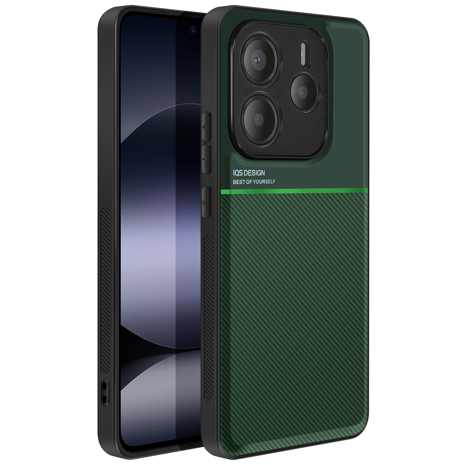 Custodia per telefono verde e nera. La custodia ha un retro strutturato e un modulo fotocamera con tre lenti.