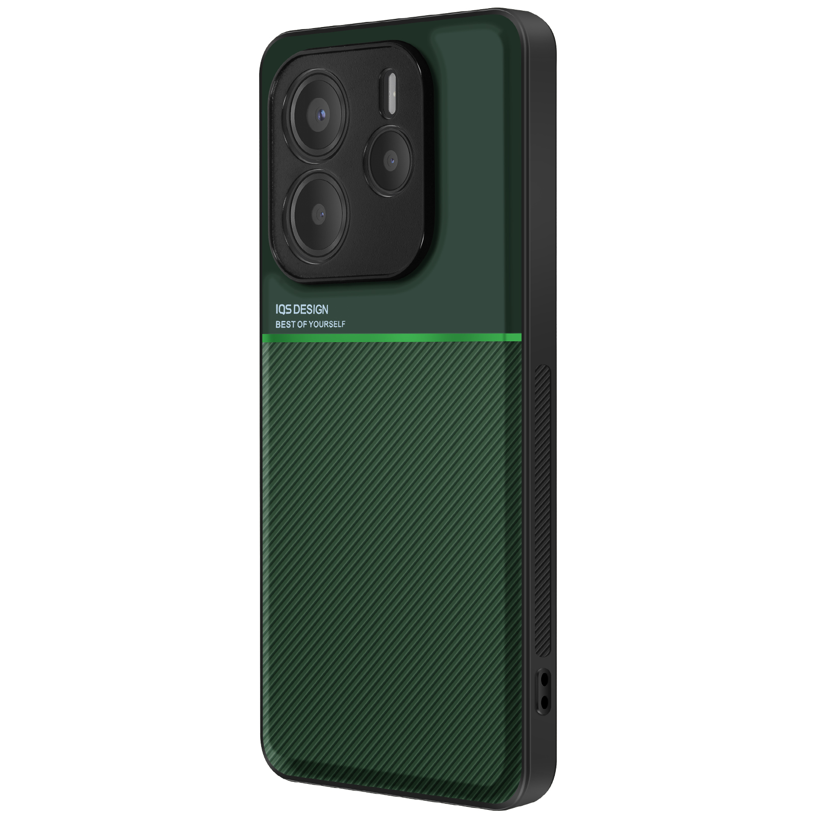 Custodia per telefono verde e nera con modulo fotocamera rivolto in avanti. La custodia ha il retro strutturato.